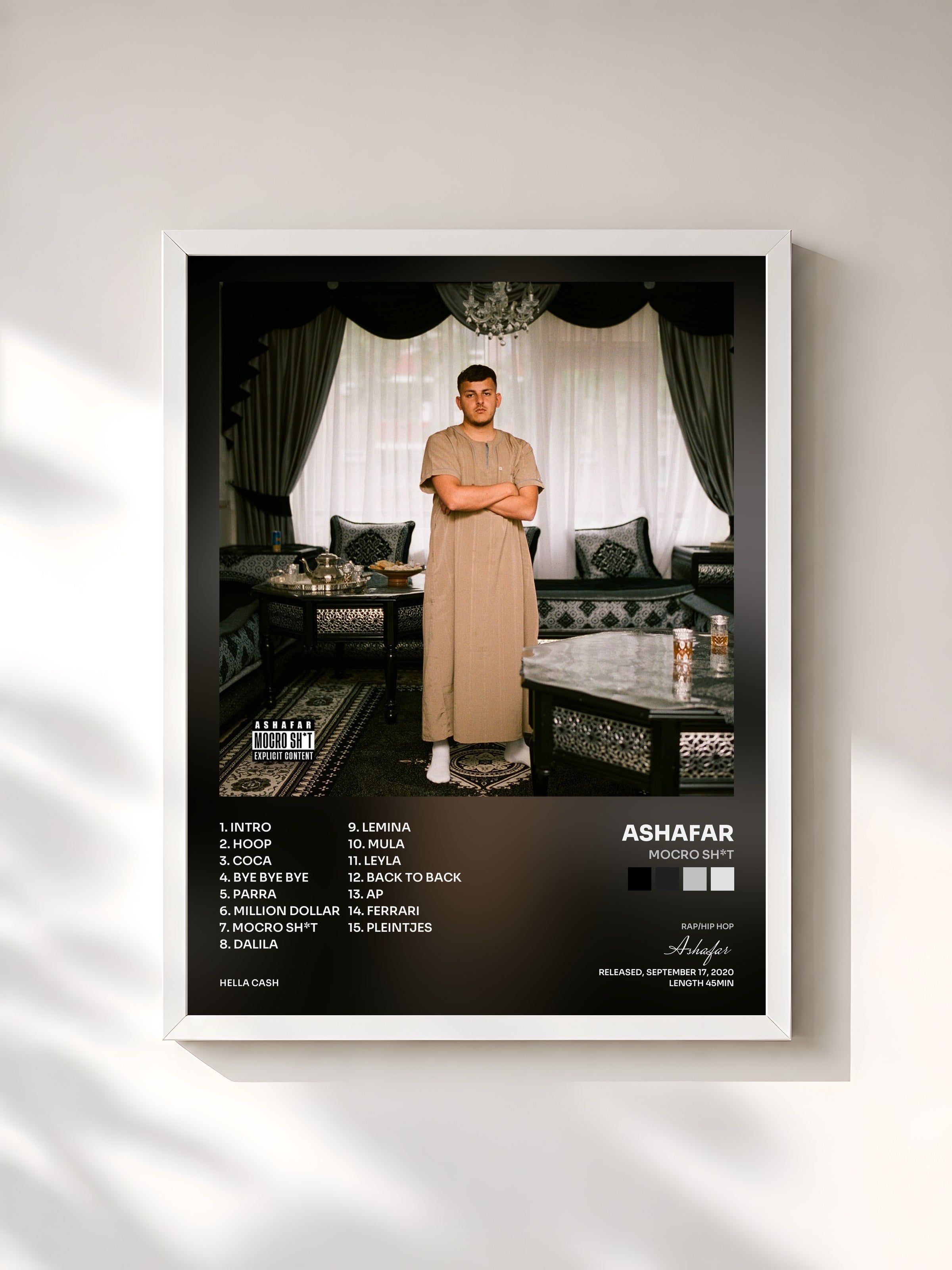#blanc Tableau de l'album Mocro Sh*t de Ashafar, cadre blanc, imprimé et encadré en France