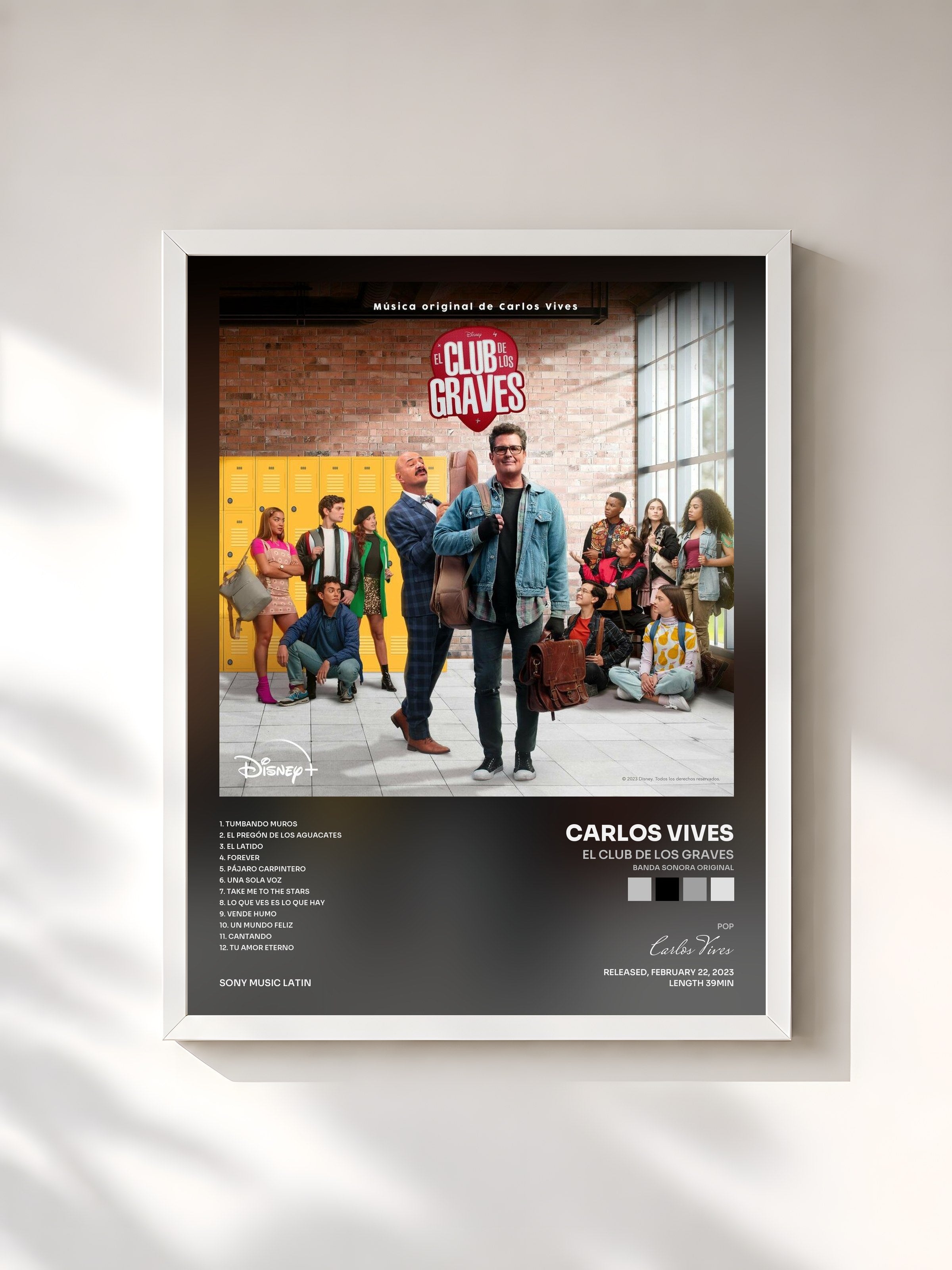 #blanc Tableau de l'album El club de los Graves (Banda Sonora Original) de Carlos Vives, cadre blanc, imprimé et encadré en France