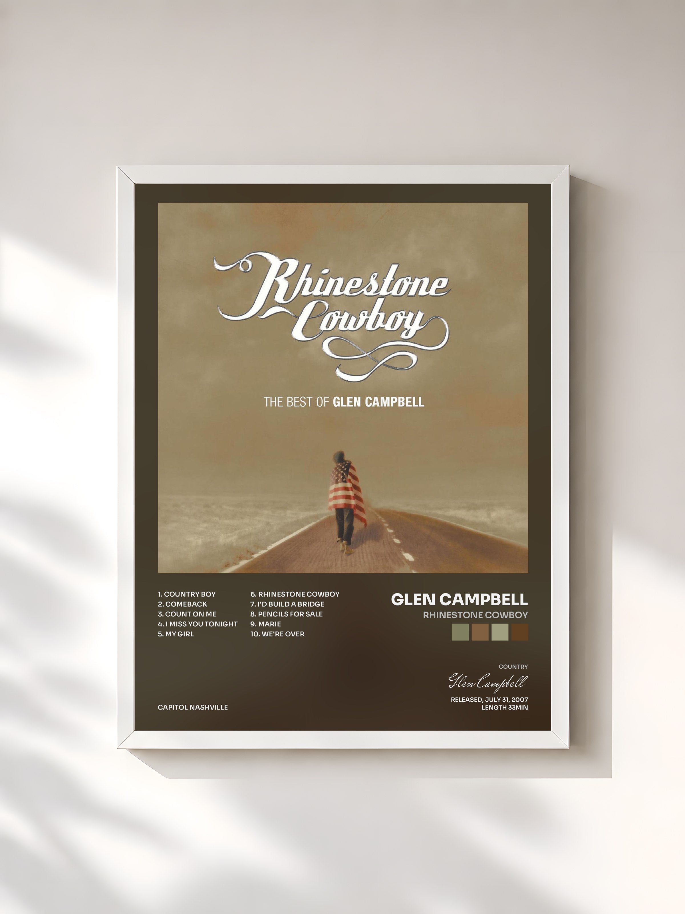 #blanc Tableau de l'album Rhinestone Cowboy de Glen Campbell, cadre blanc, imprimé et encadré en France