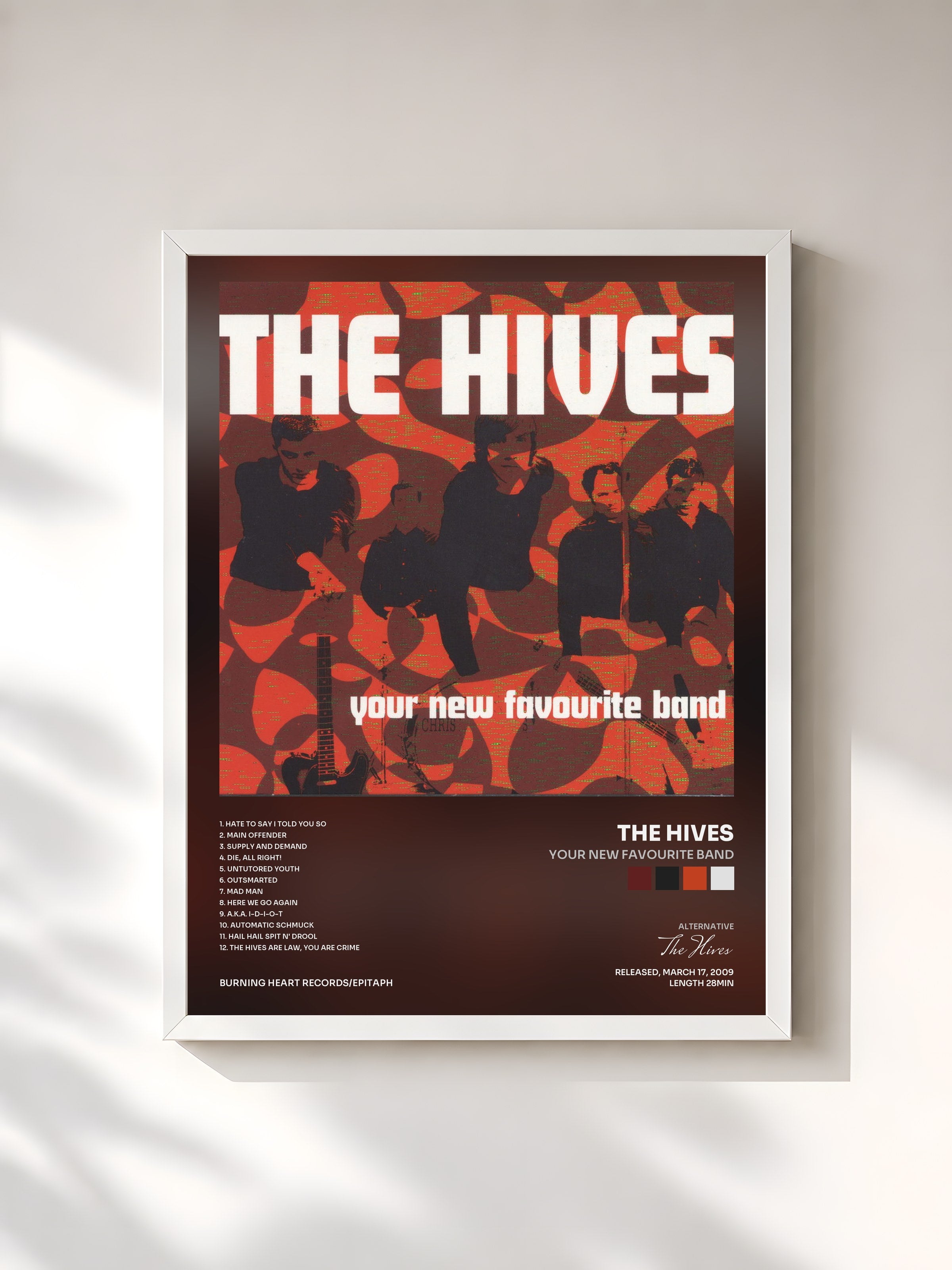#blanc Tableau de l'album Your New Favourite Band de The Hives, cadre blanc, imprimé et encadré en France