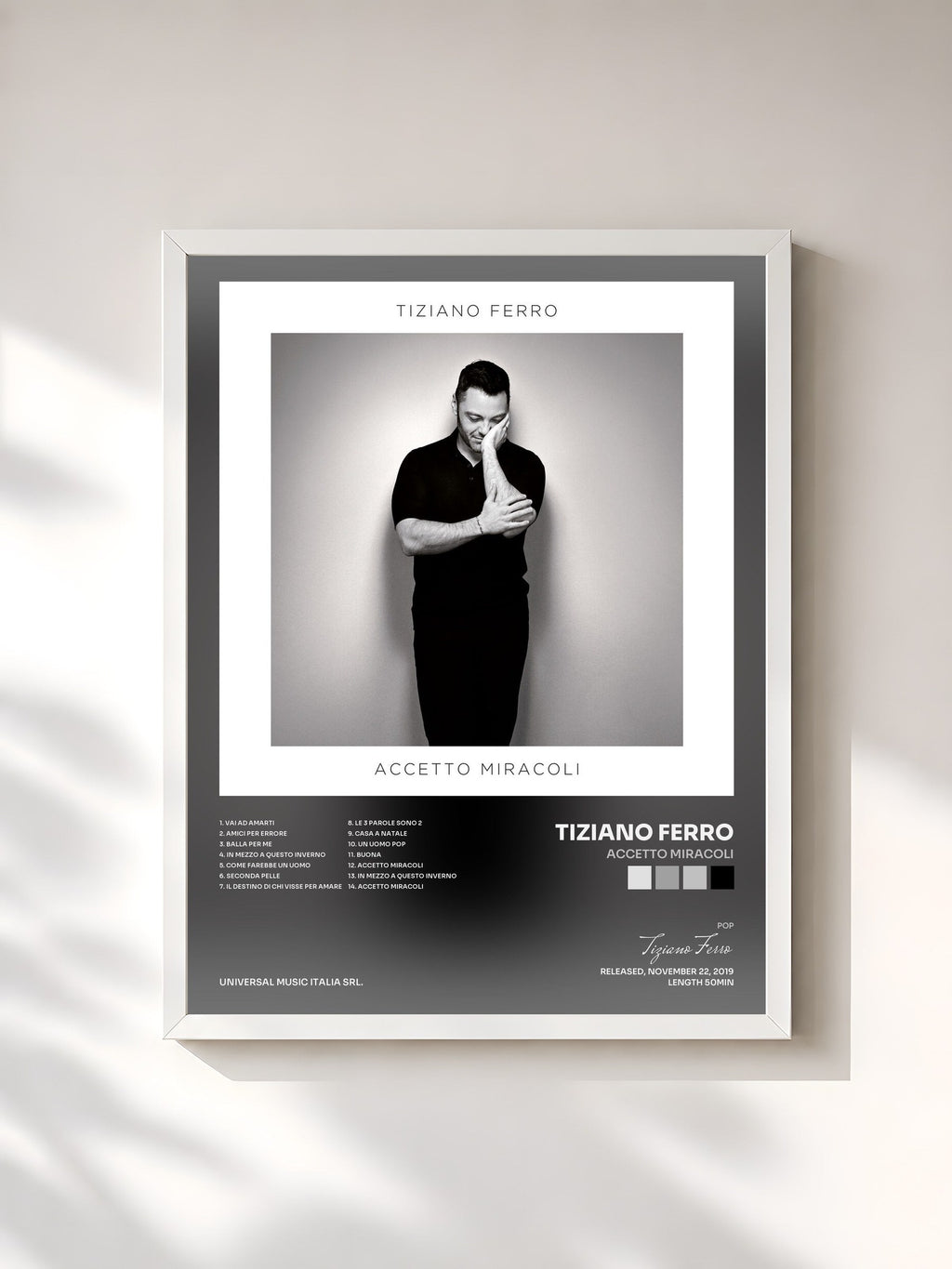 #blanc Tableau de l'album Accetto Miracoli de Tiziano Ferro, cadre blanc, imprimé et encadré en France