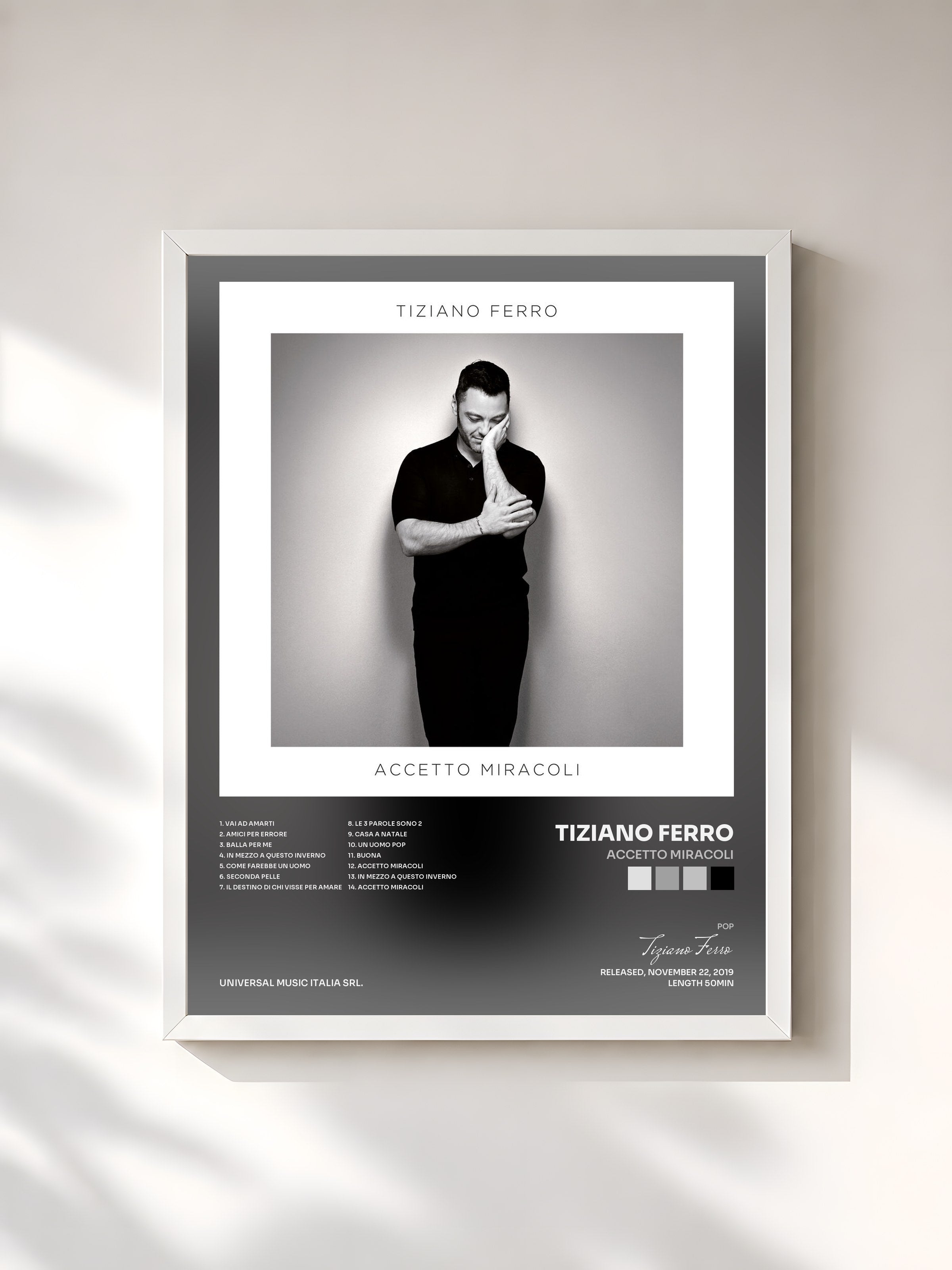 #blanc Tableau de l'album Accetto Miracoli de Tiziano Ferro, cadre blanc, imprimé et encadré en France