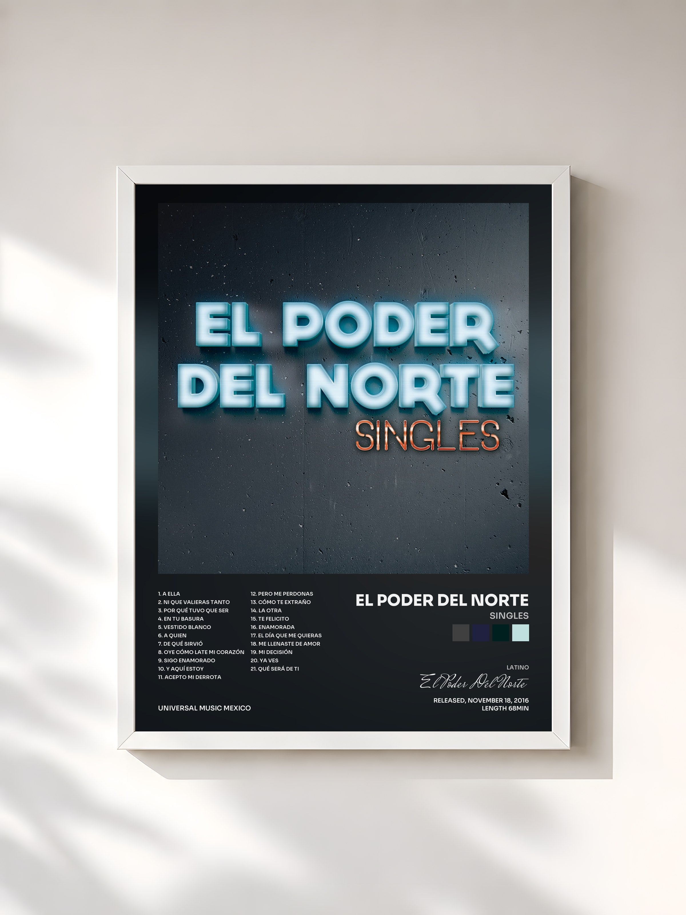 #blanc Tableau de l'album Singles de El Poder Del Norte, cadre blanc, imprimé et encadré en France