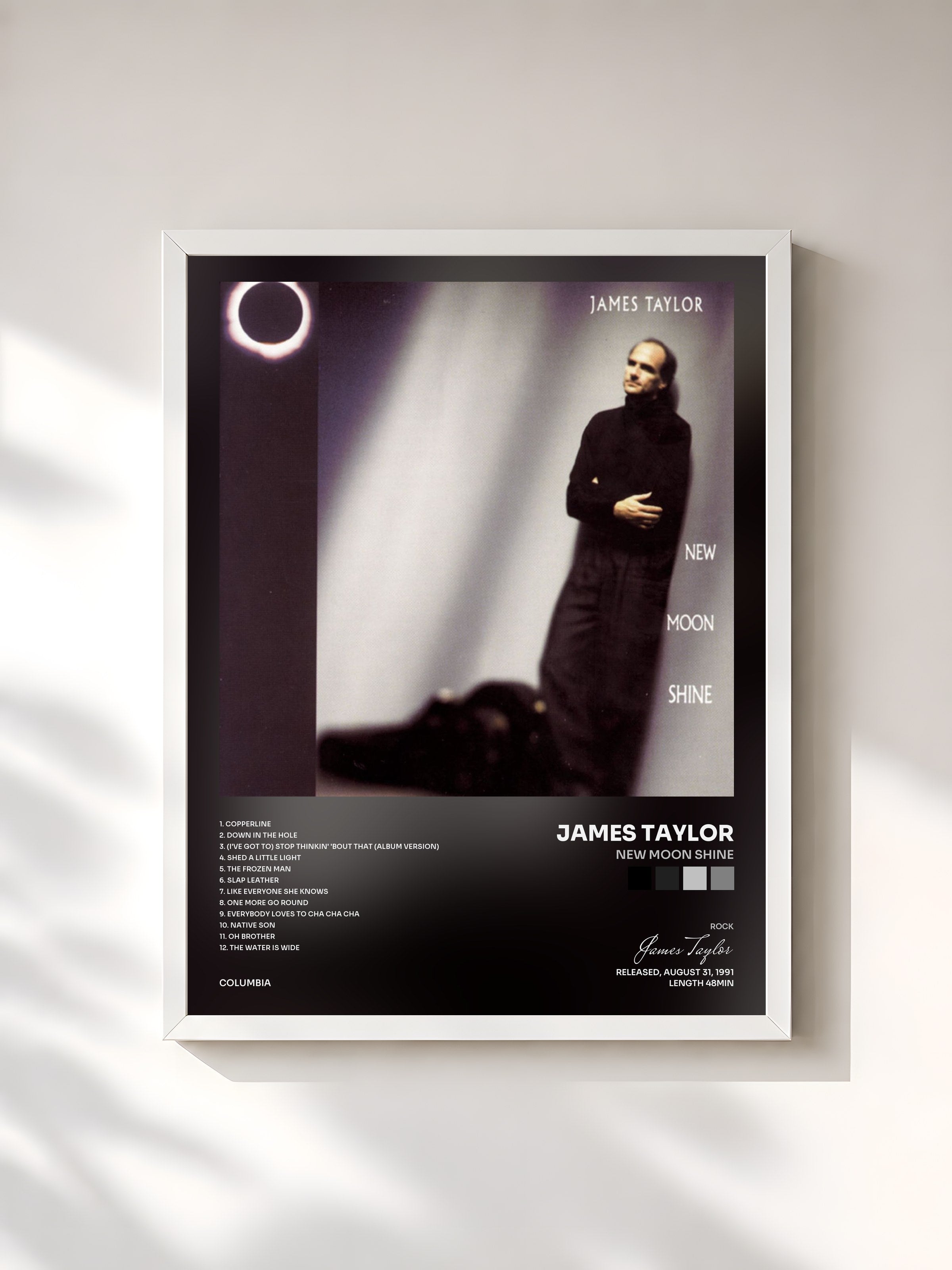 #blanc Tableau de l'album New Moon Shine de James Taylor, cadre blanc, imprimé et encadré en France