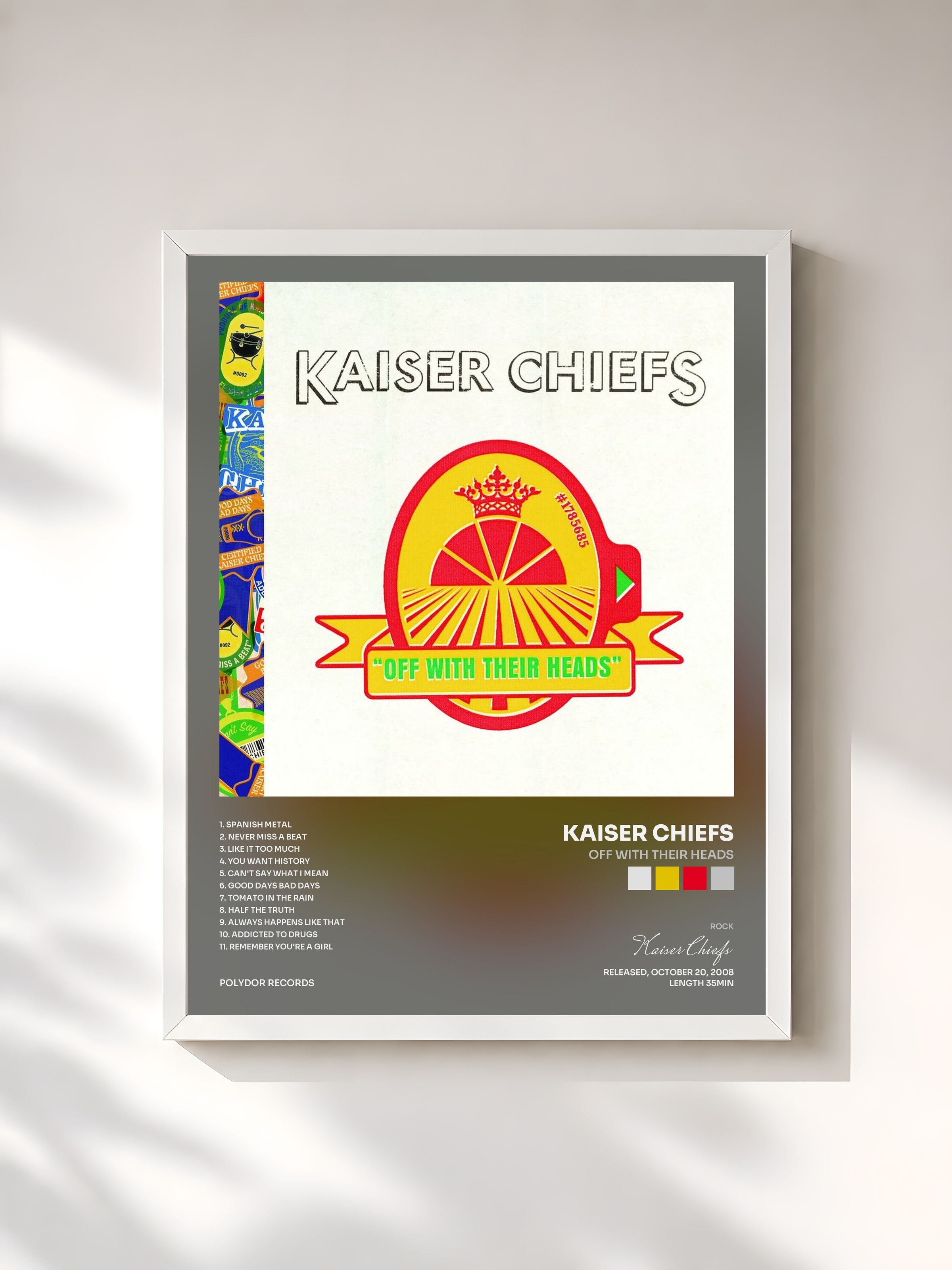 #blanc Tableau de l'album Off With Their Heads de Kaiser Chiefs, cadre blanc, imprimé et encadré en France