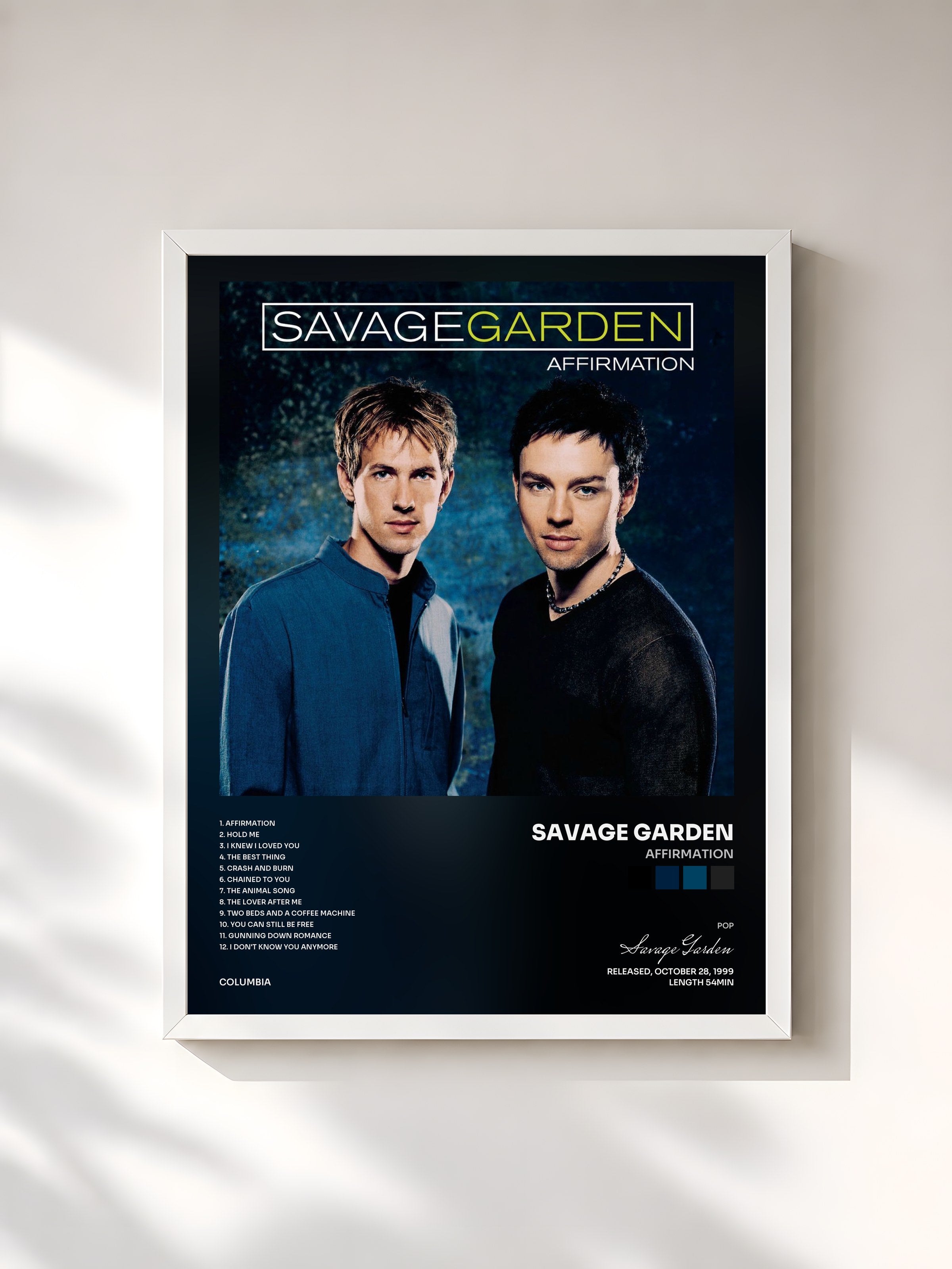 #blanc Tableau de l'album Affirmation de Savage Garden, cadre blanc, imprimé et encadré en France