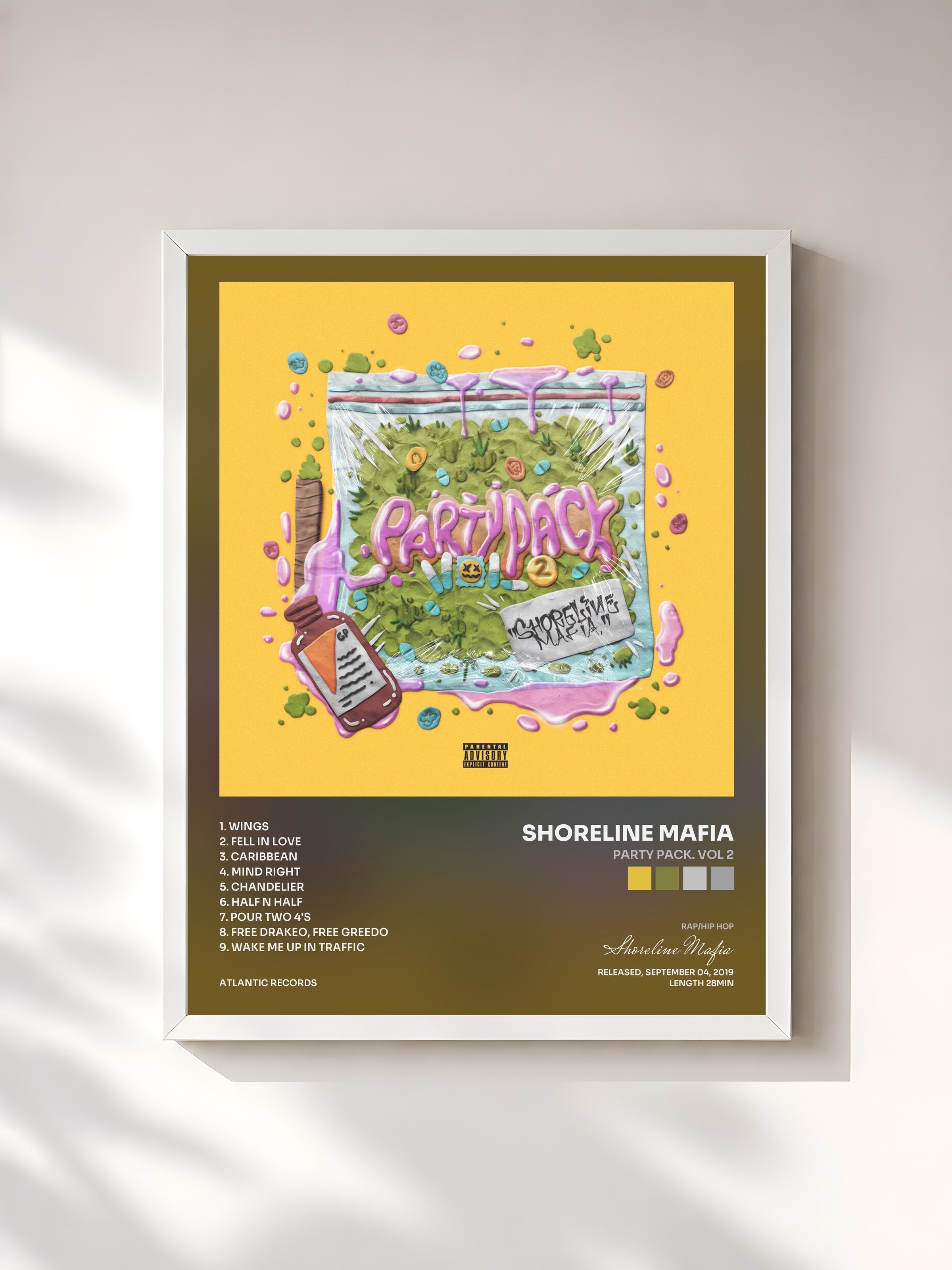 #blanc Tableau de l'album Party Pack. Vol 2 de Shoreline Mafia, cadre blanc, imprimé et encadré en France