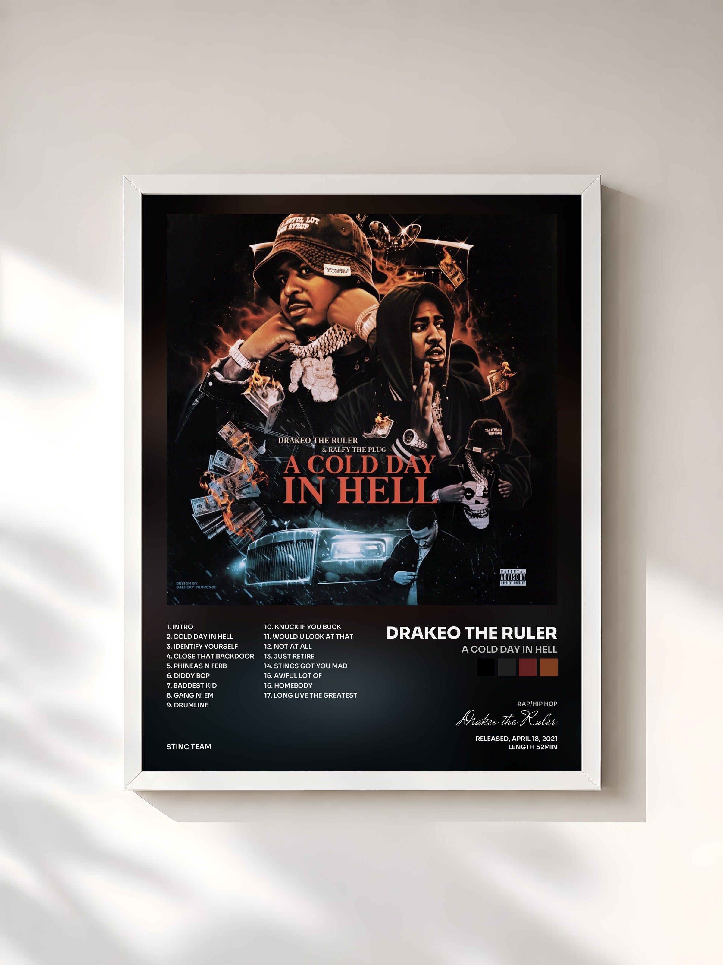 #blanc Tableau de l'album A Cold Day In Hell de Drakeo the Ruler, cadre blanc, imprimé et encadré en France