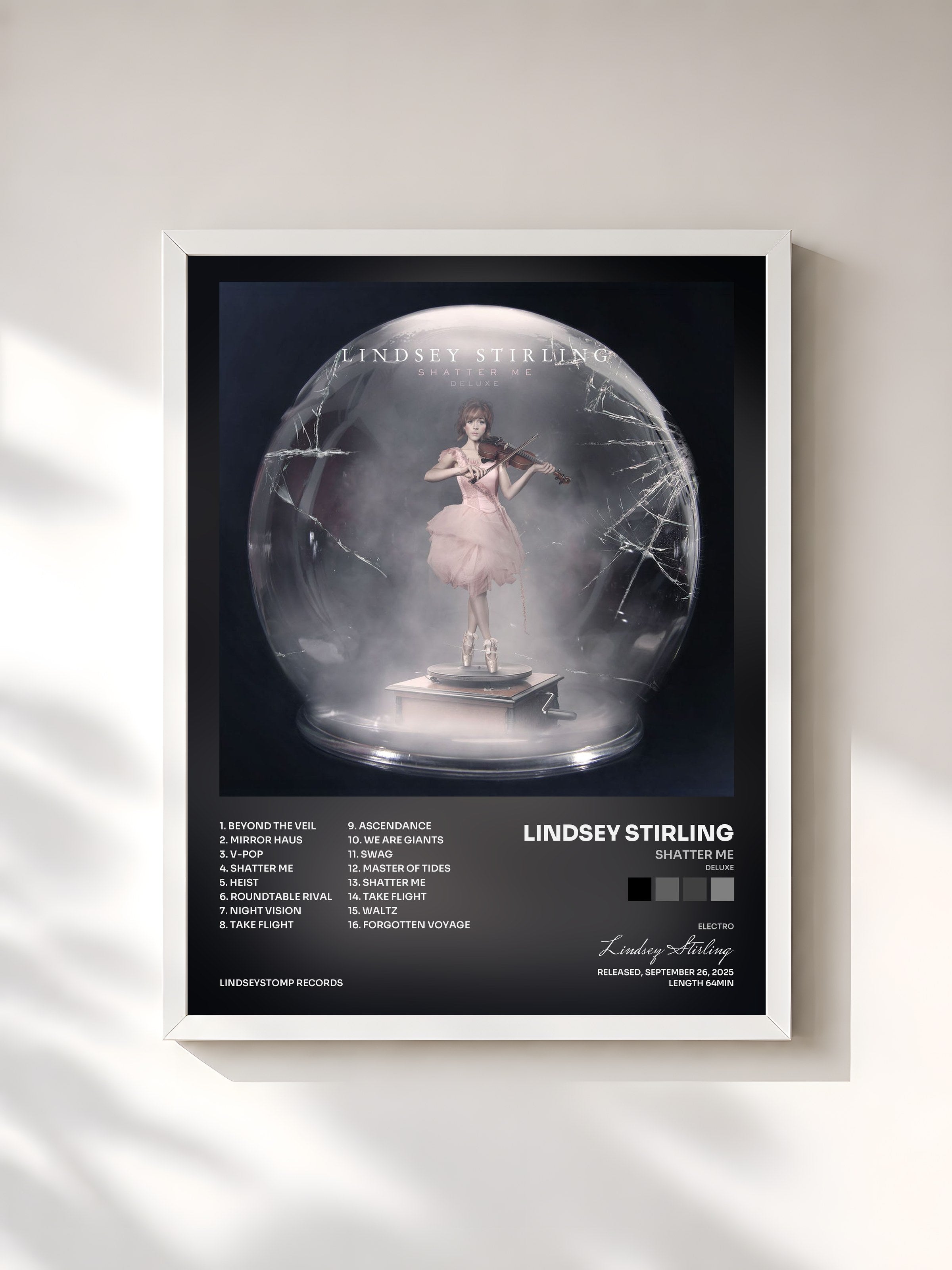 #blanc Tableau de l'album Shatter Me (Deluxe) de Lindsey Stirling, cadre blanc, imprimé et encadré en France