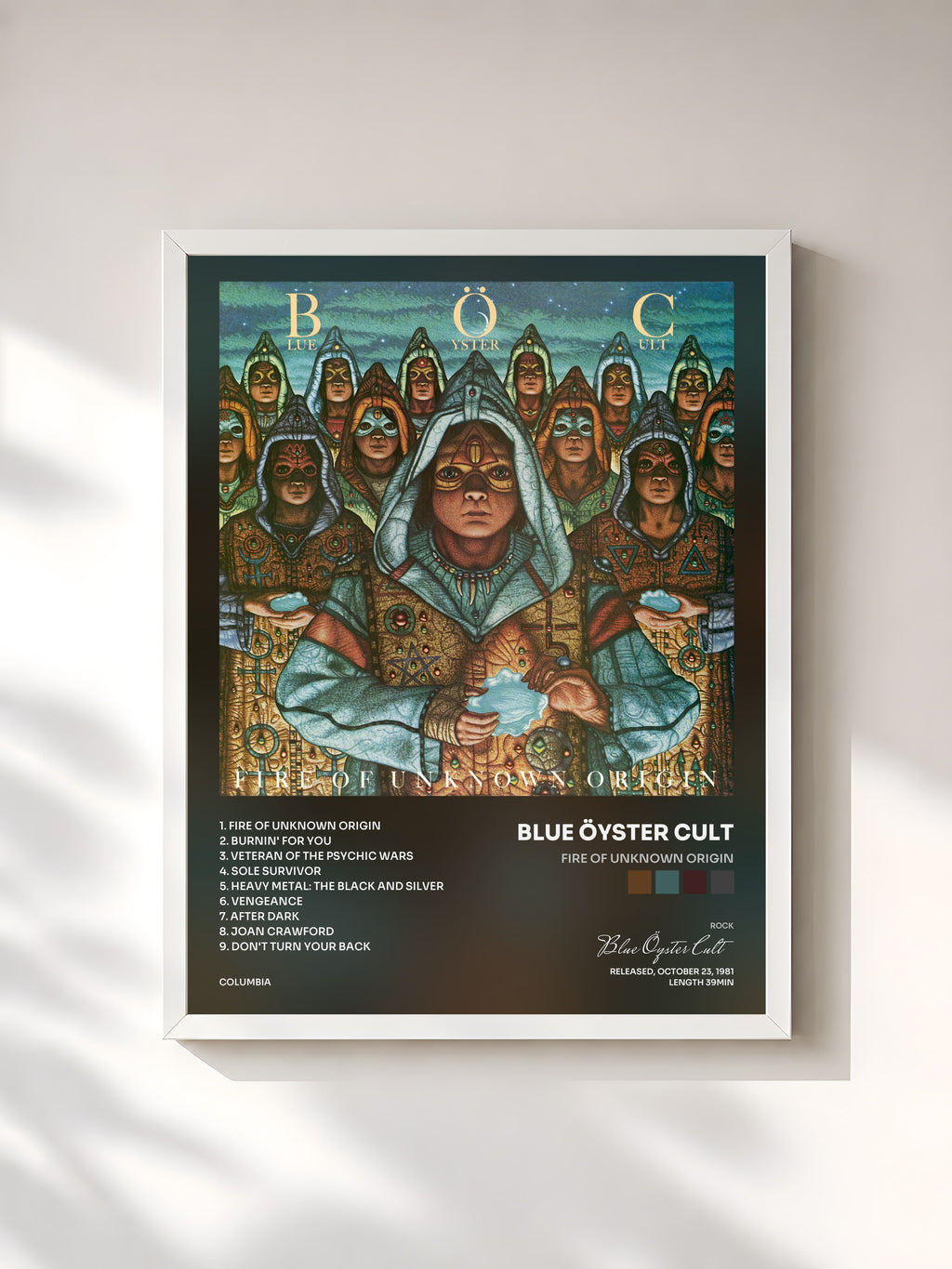 #blanc Fire of Unknown Origin by Blue Öyster Cult as a framed art print, white frame, printed and framed in France