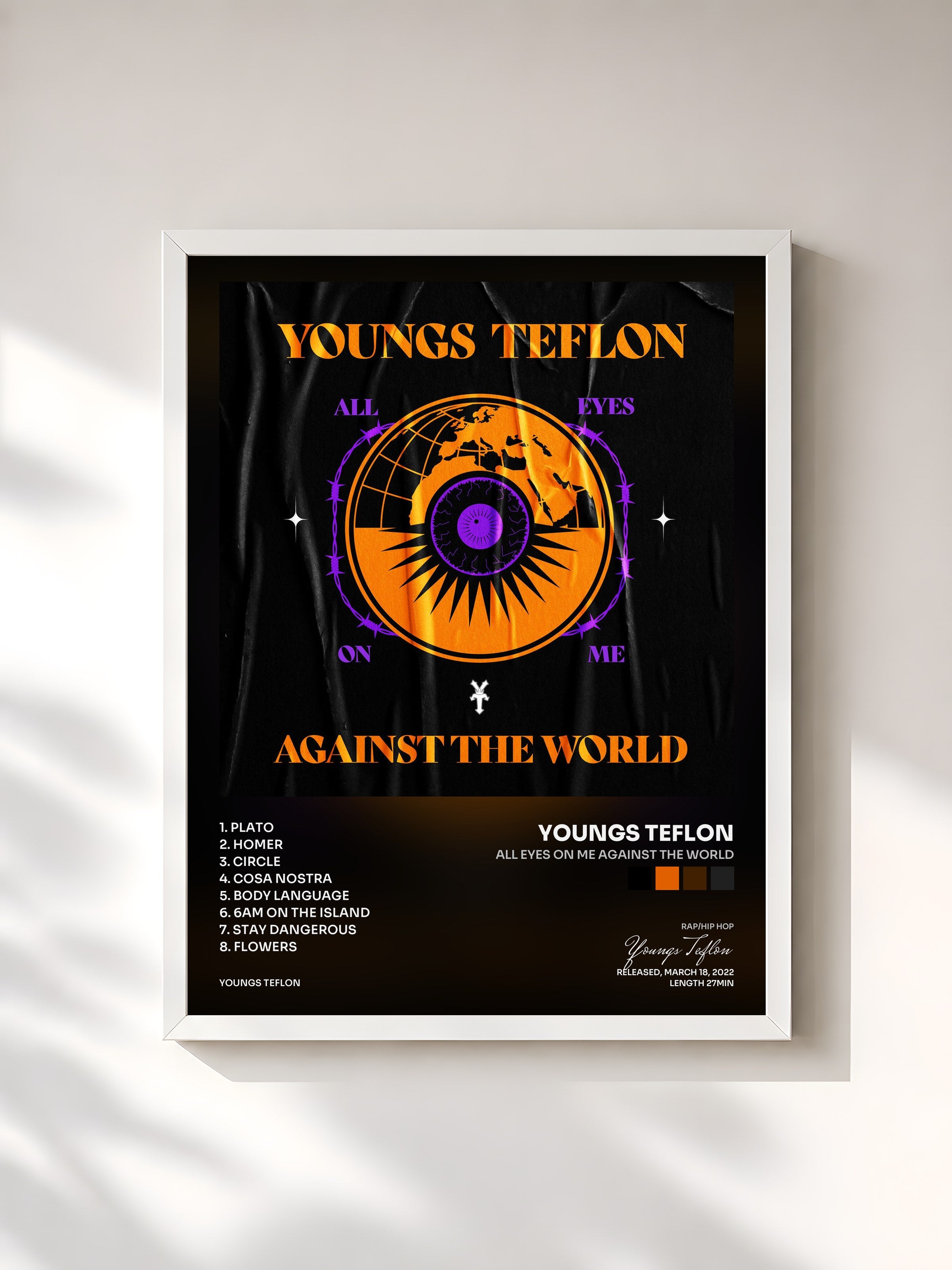 #blanc Tableau de l'album All Eyes On Me Against The World de Youngs Teflon, cadre blanc, imprimé et encadré en France