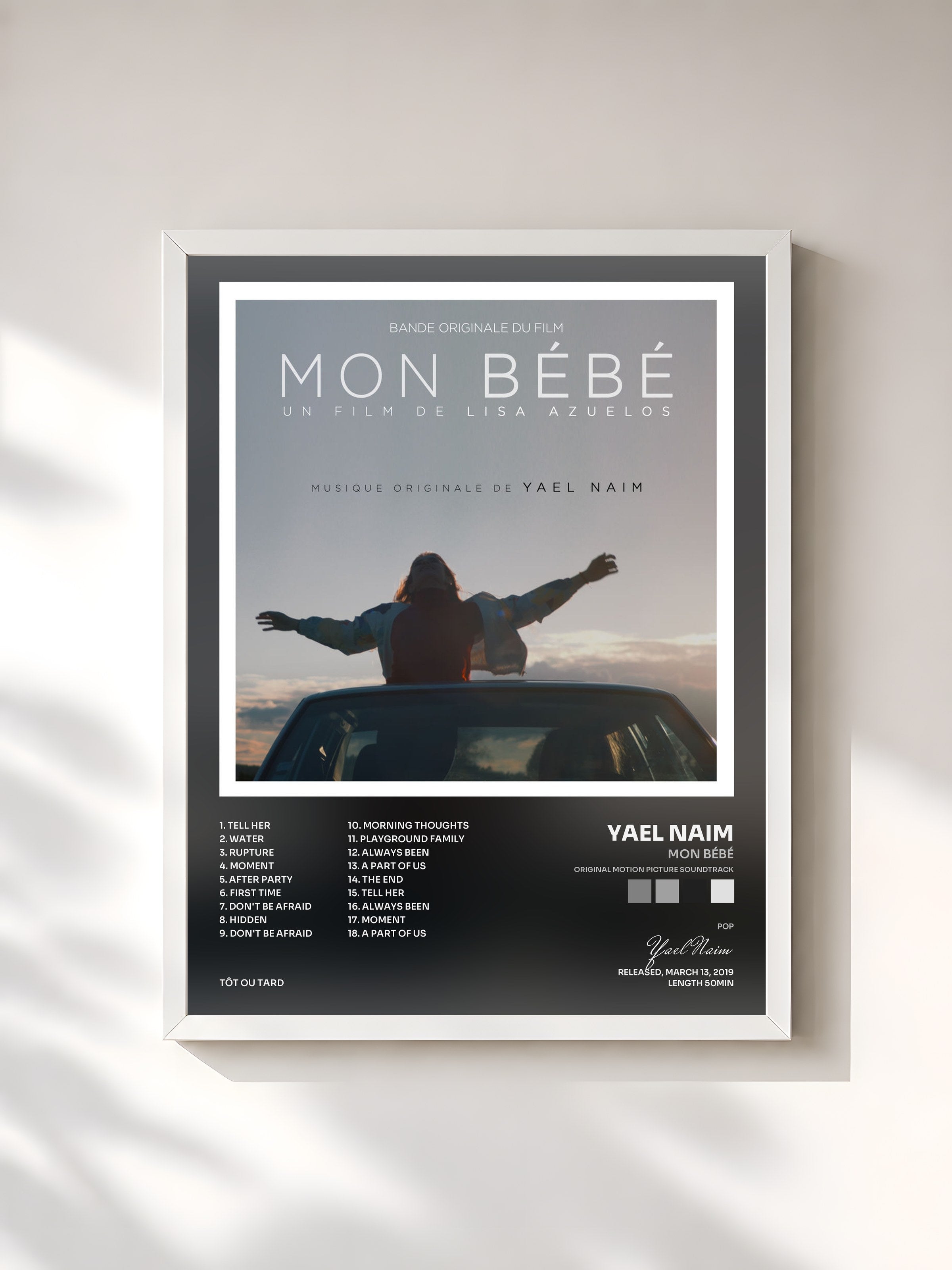 #blanc Tableau de l'album Mon Bébé (Original Motion Picture Soundtrack) de Yael Naim, cadre blanc, imprimé et encadré en France