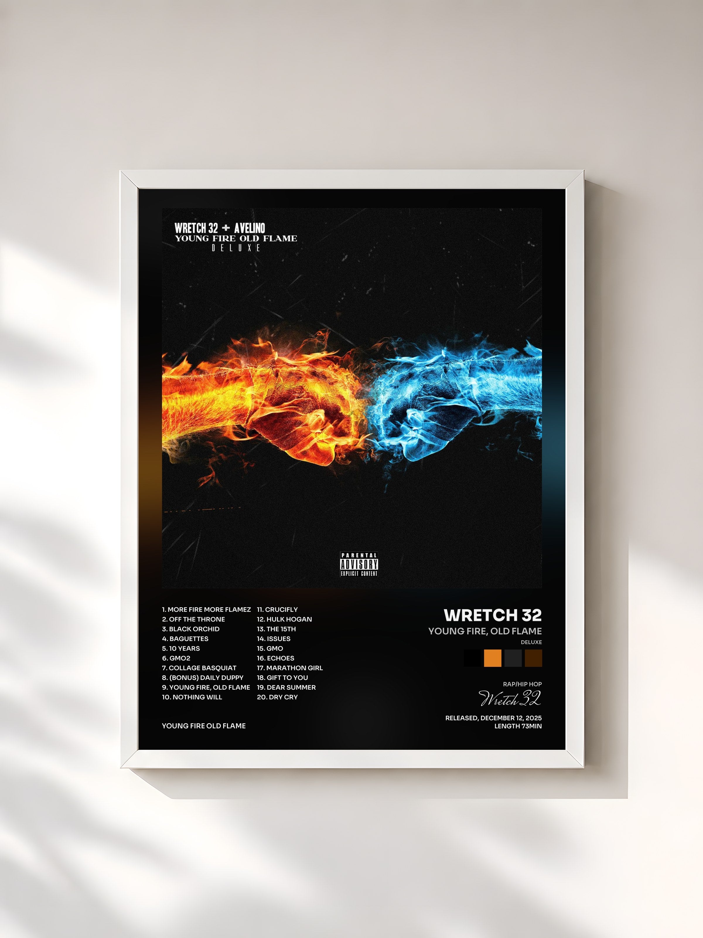 #blanc Tableau de l'album Young Fire, Old Flame (Deluxe) de Wretch 32, cadre blanc, imprimé et encadré en France