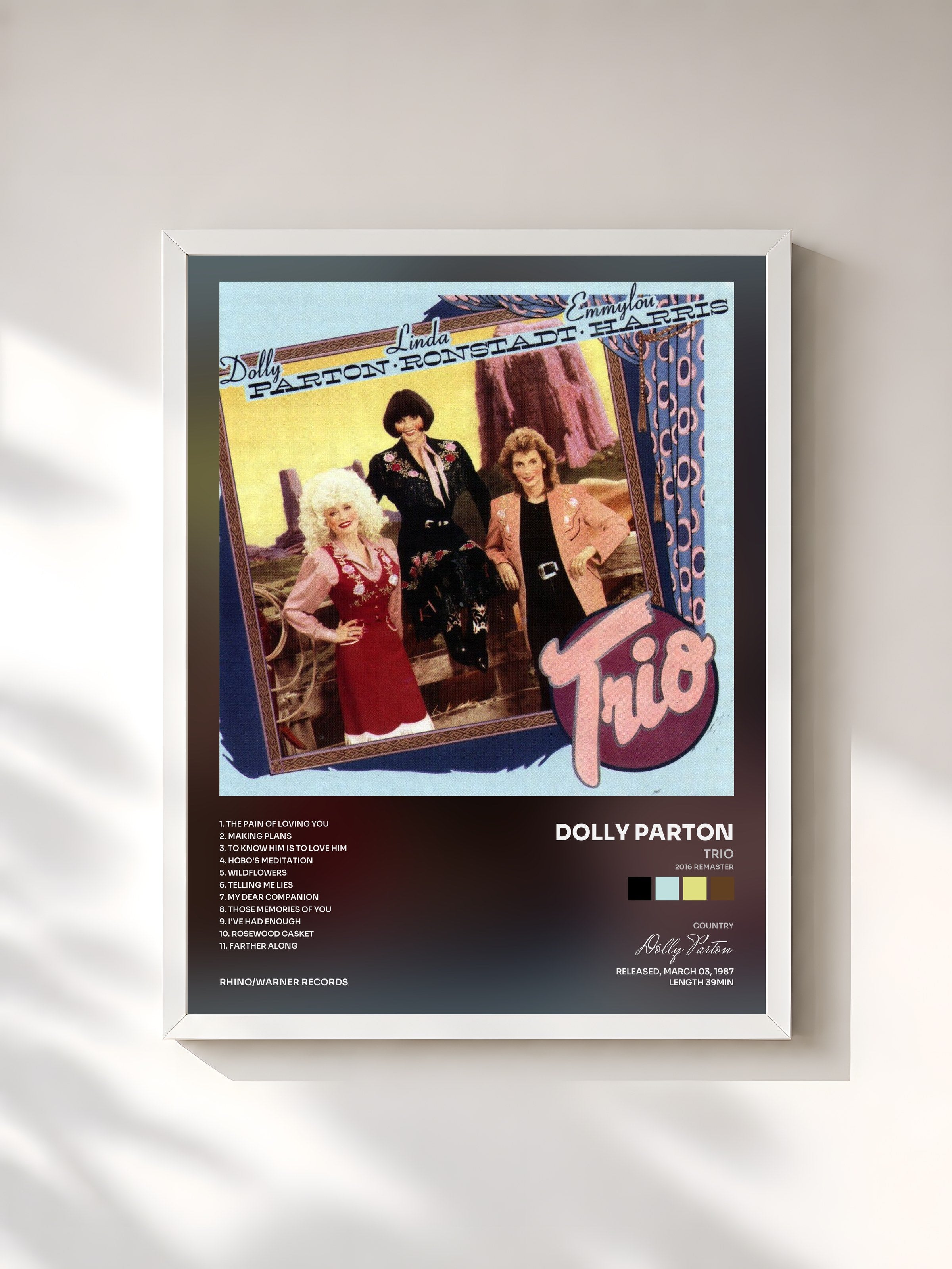 #blanc Tableau de l'album Trio (2016 Remaster) de Dolly Parton, cadre blanc, imprimé et encadré en France