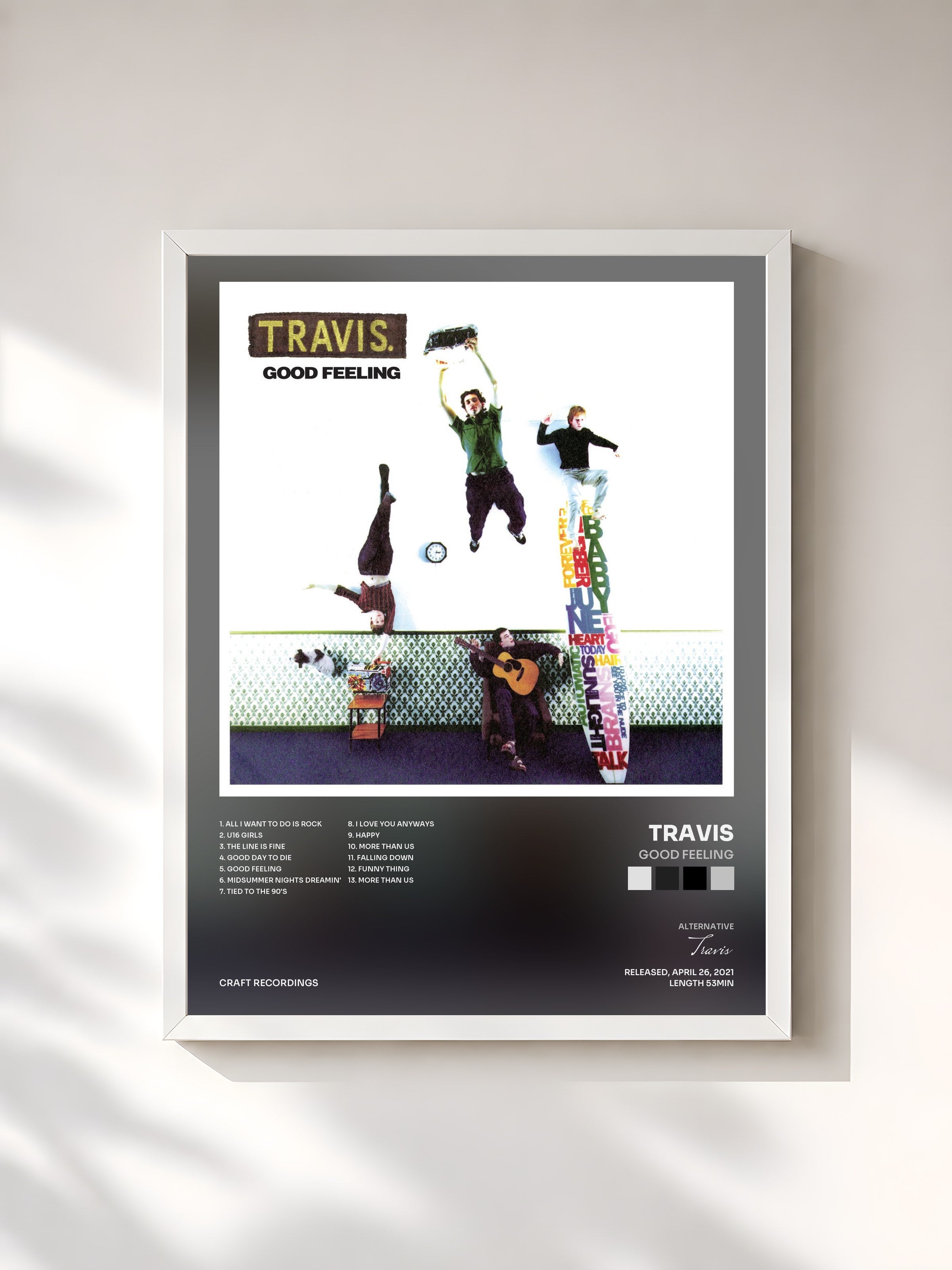 #blanc Tableau de l'album Good Feeling de Travis, cadre blanc, imprimé et encadré en France