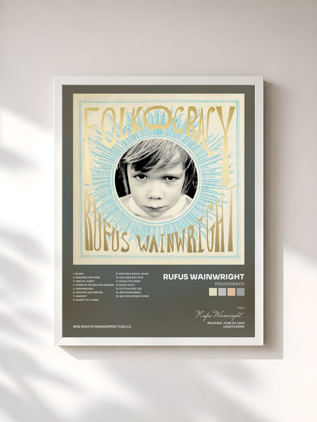 #blanc Tableau de l'album Folkocracy de Rufus Wainwright, cadre blanc, imprimé et encadré en France