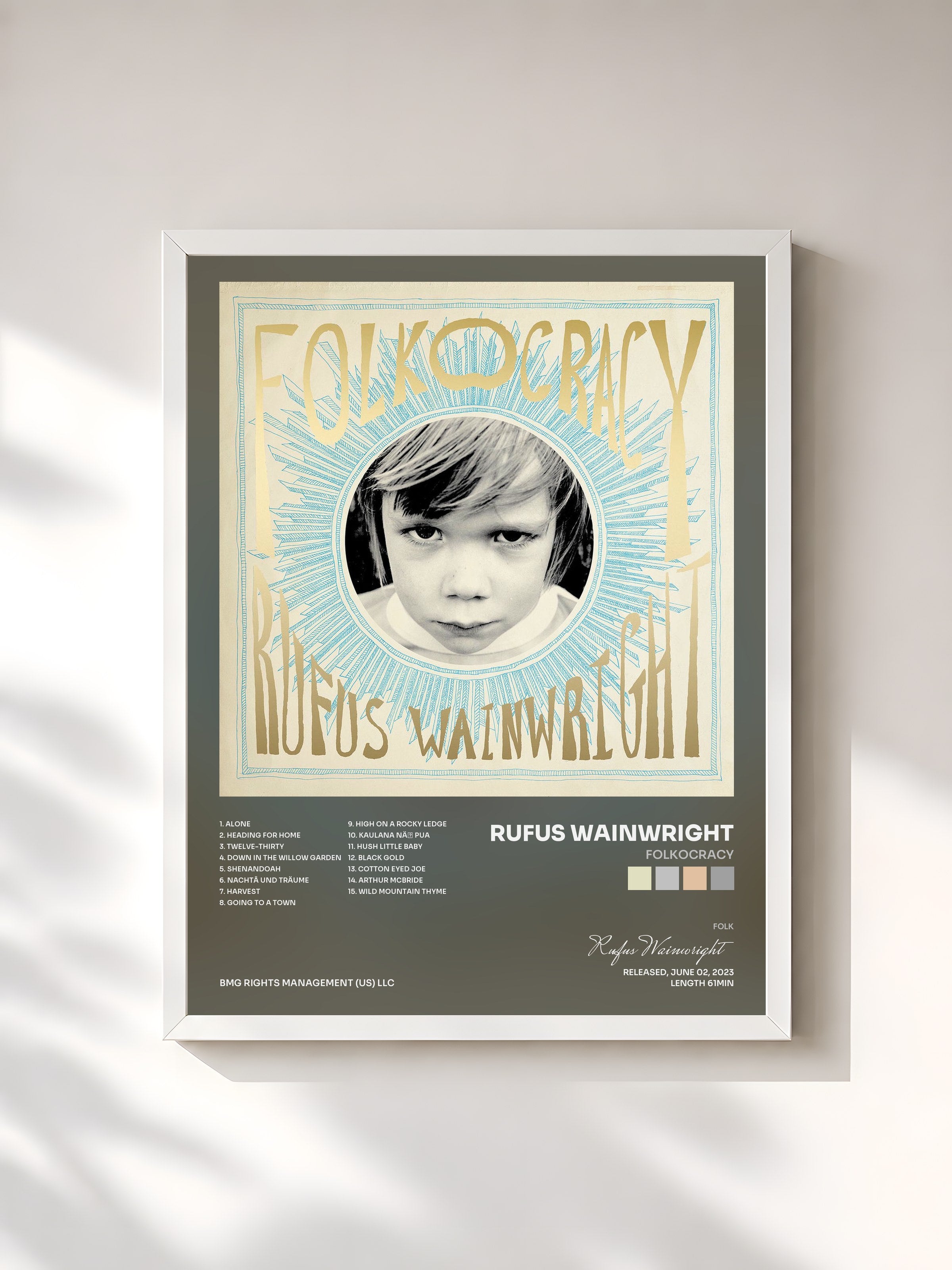 #blanc Tableau de l'album Folkocracy de Rufus Wainwright, cadre blanc, imprimé et encadré en France