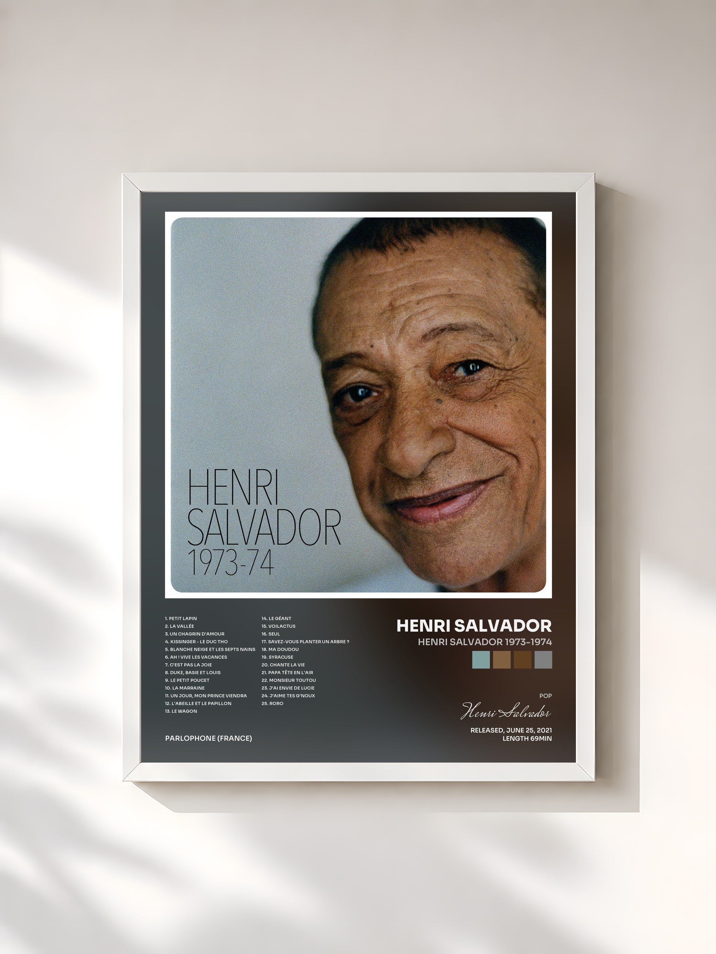 #blanc Tableau de l'album Henri Salvador 1973-1974 de Henri Salvador, cadre blanc, imprimé et encadré en France