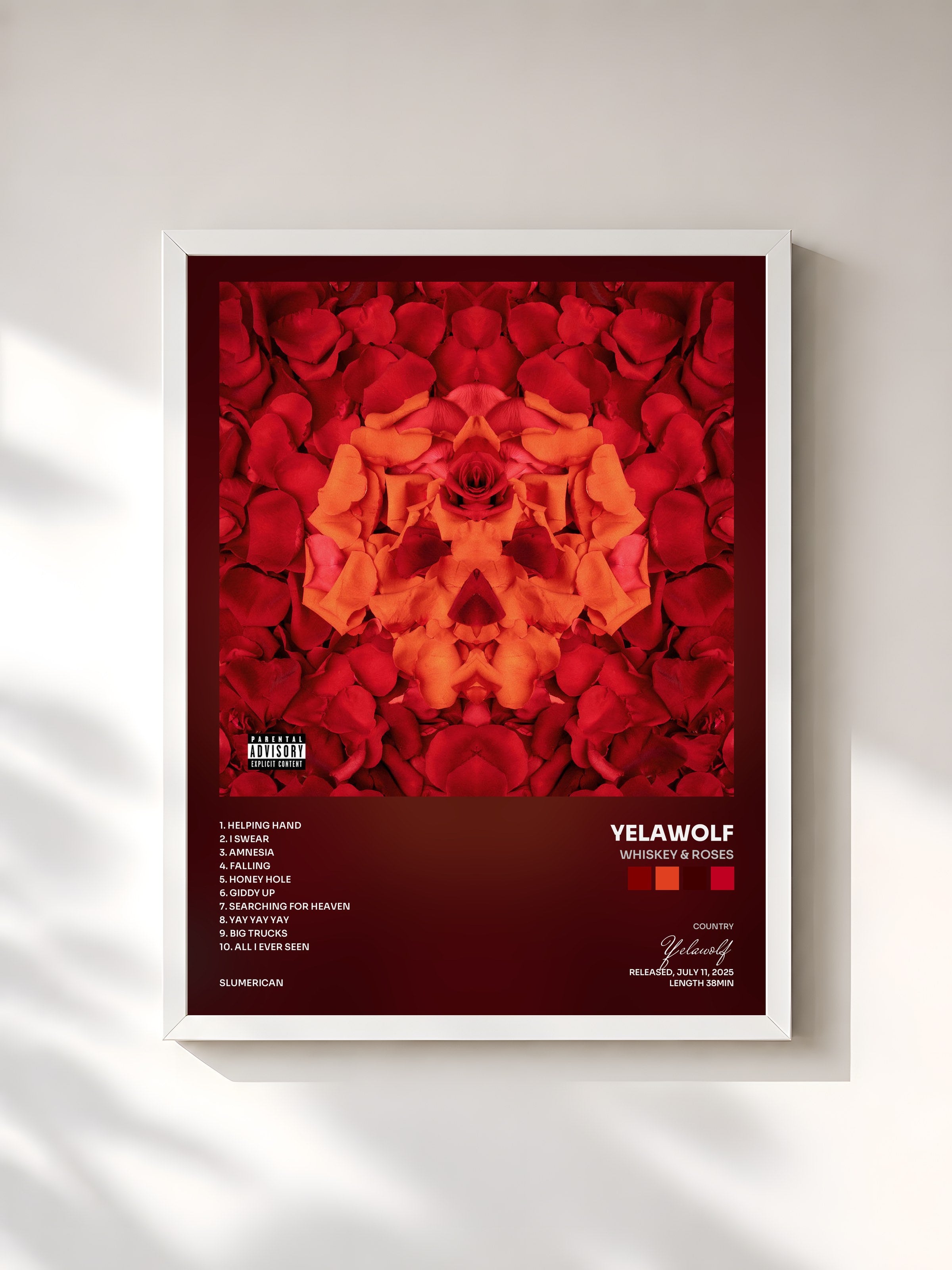 #blanc Tableau de l'album Whiskey & Roses de Yelawolf, cadre blanc, imprimé et encadré en France