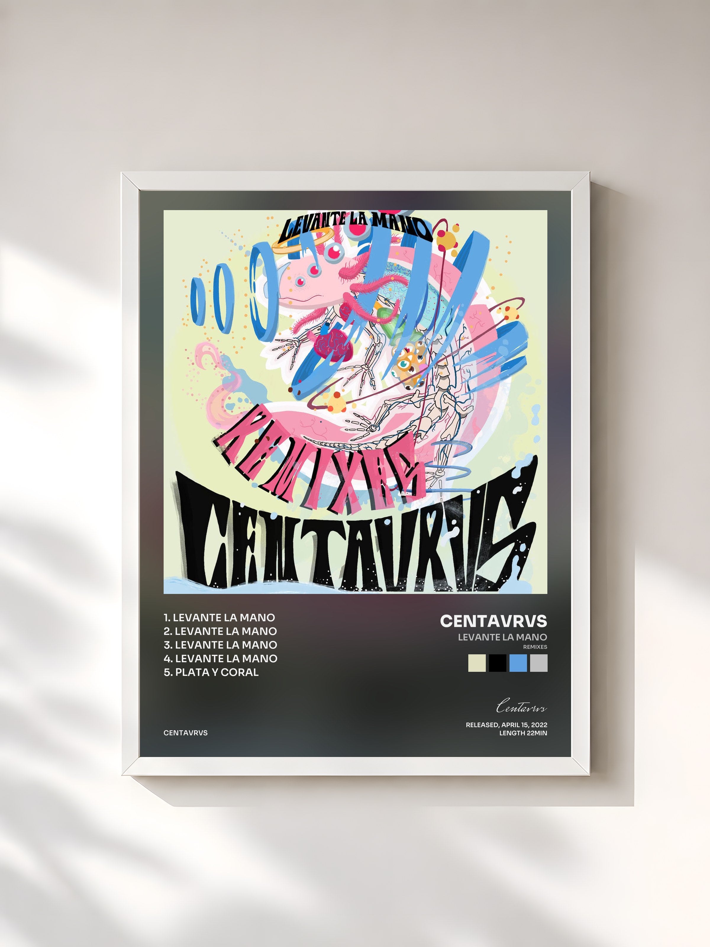 #blanc Tableau de l'album Levante la Mano (Remixes) de Centavrvs, cadre blanc, imprimé et encadré en France