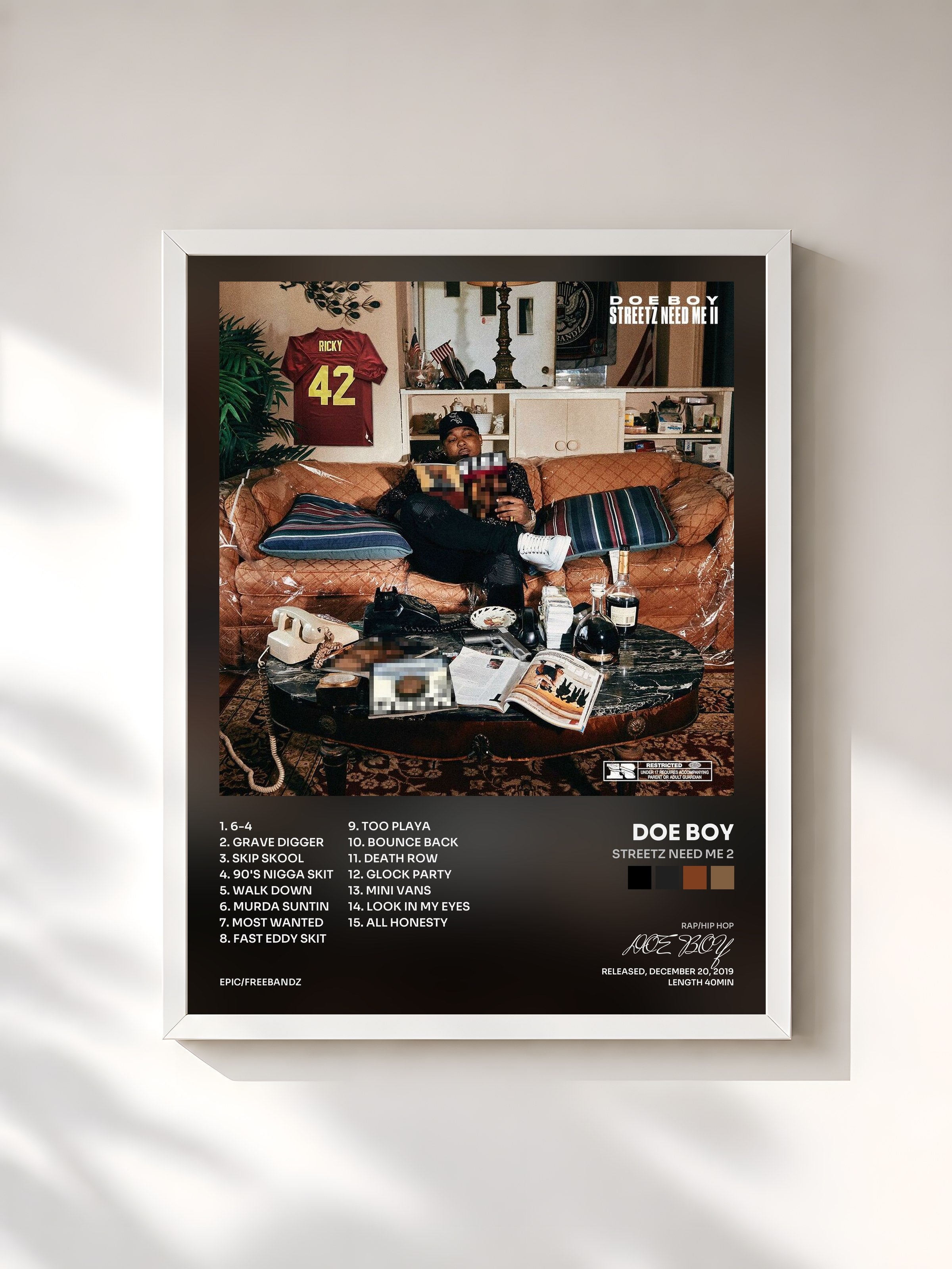 #blanc Tableau de l'album Streetz Need Me 2 de DOE BOY, cadre blanc, imprimé et encadré en France