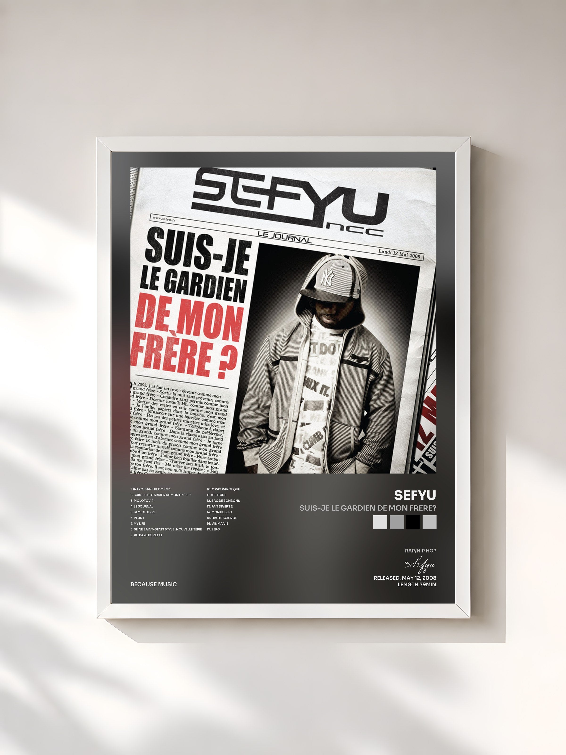 #blanc Tableau de l'album Suis-Je Le Gardien de Mon Frere? de Sefyu, cadre blanc, imprimé et encadré en France