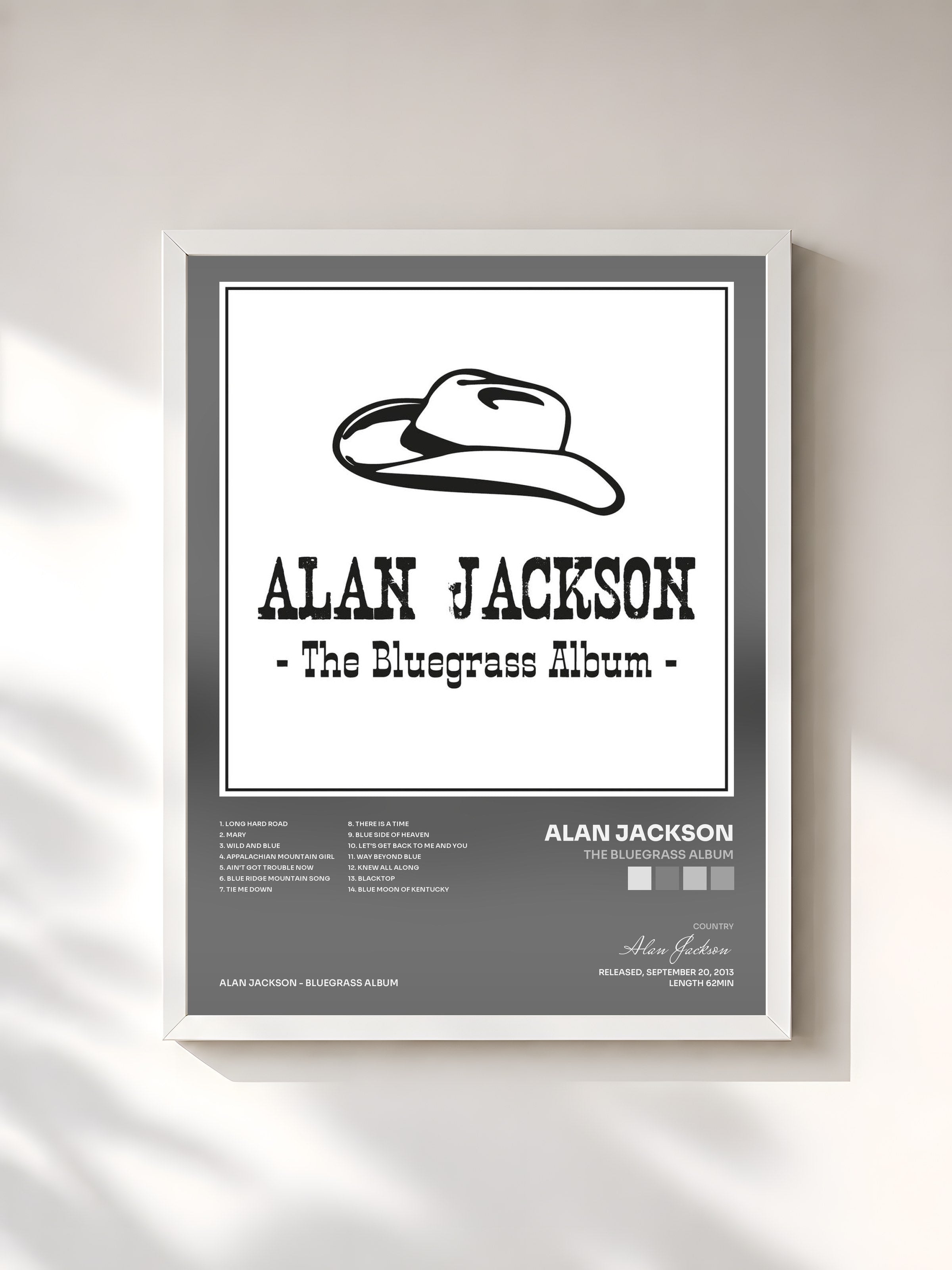 #blanc Tableau de l'album The Bluegrass Album de Alan Jackson, cadre blanc, imprimé et encadré en France