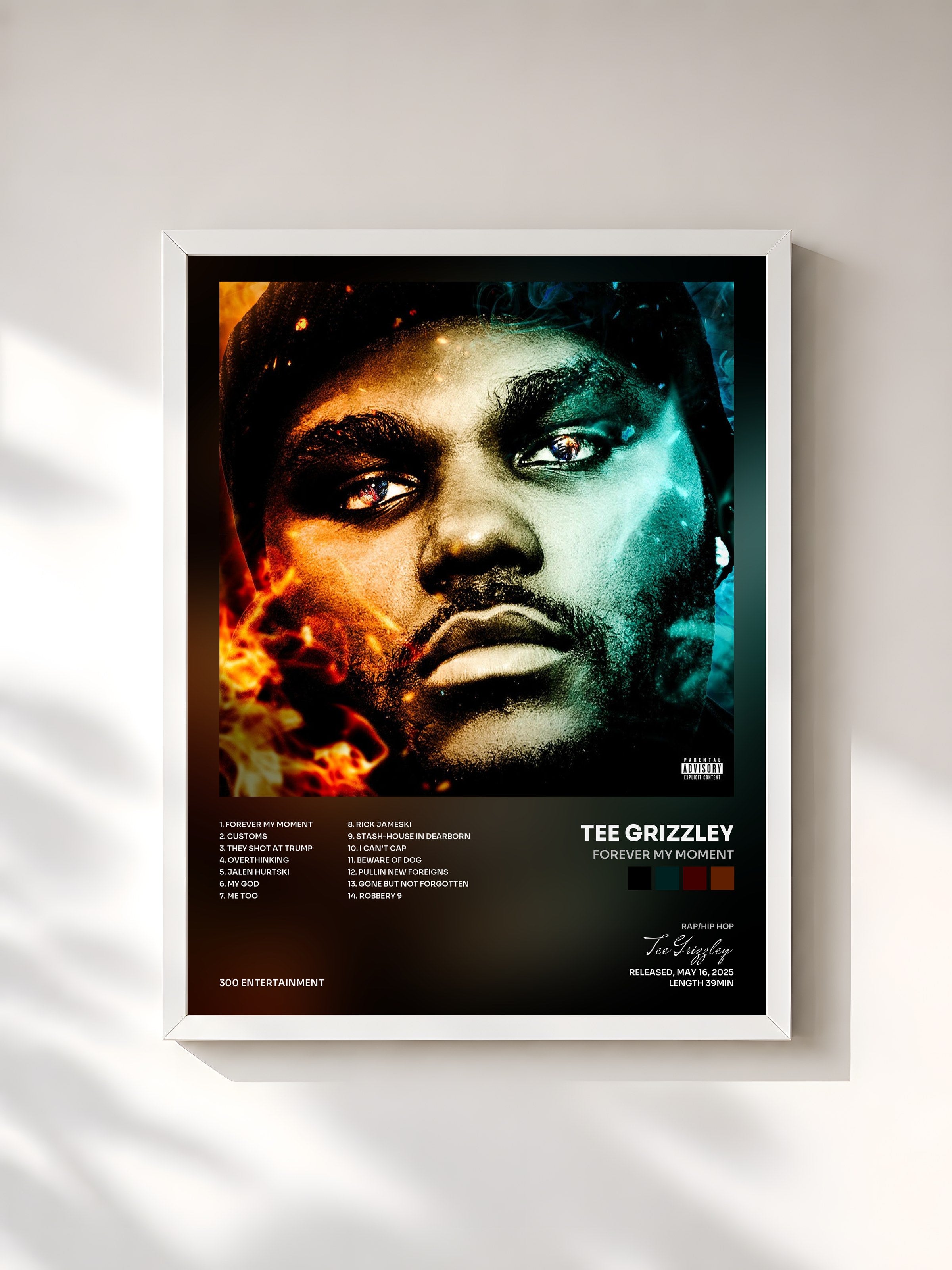 #blanc Tableau de l'album Forever My Moment de Tee Grizzley, cadre blanc, imprimé et encadré en France