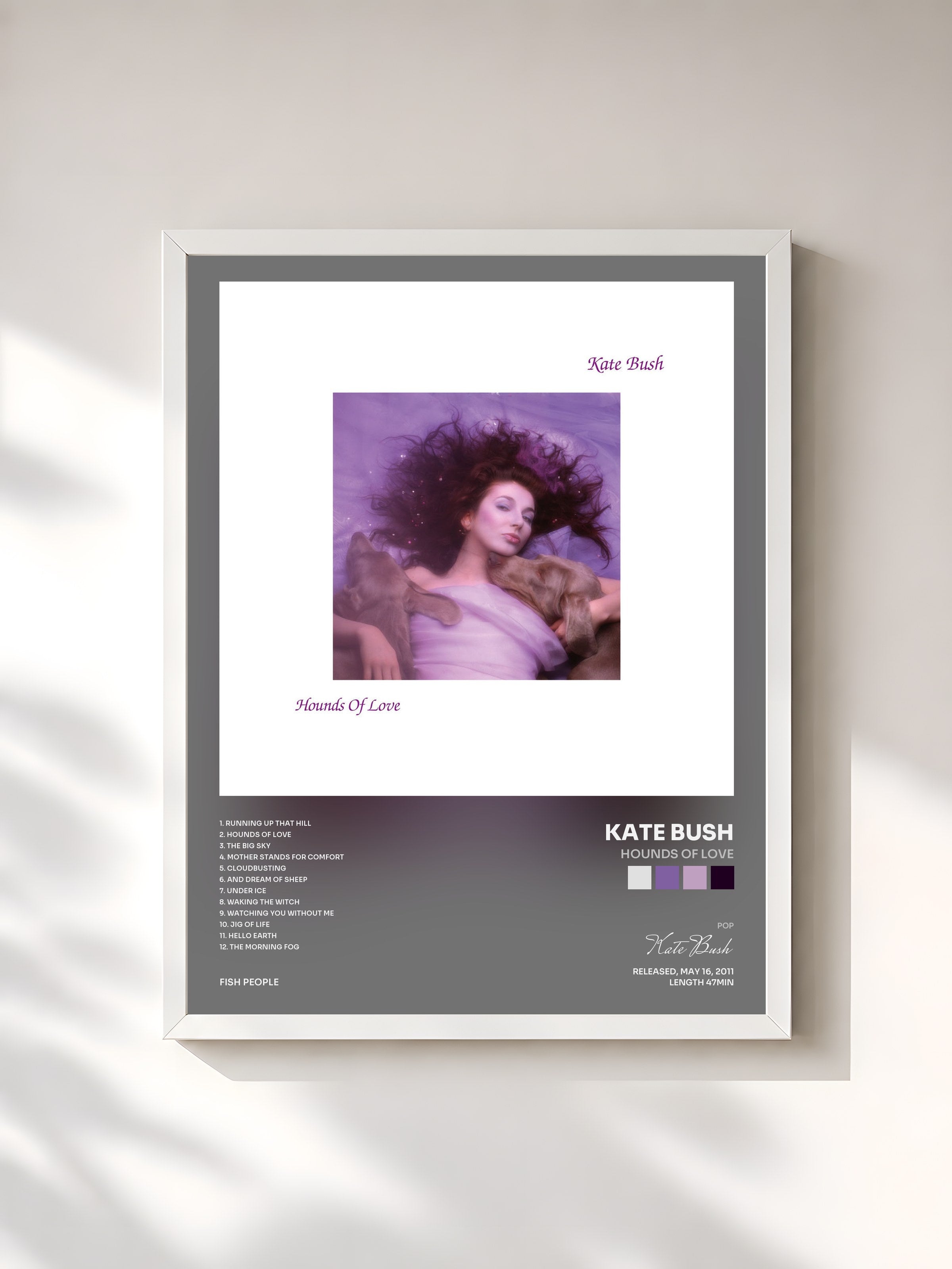 #blanc Tableau de l'album Hounds Of Love de Kate Bush, cadre blanc, imprimé et encadré en France