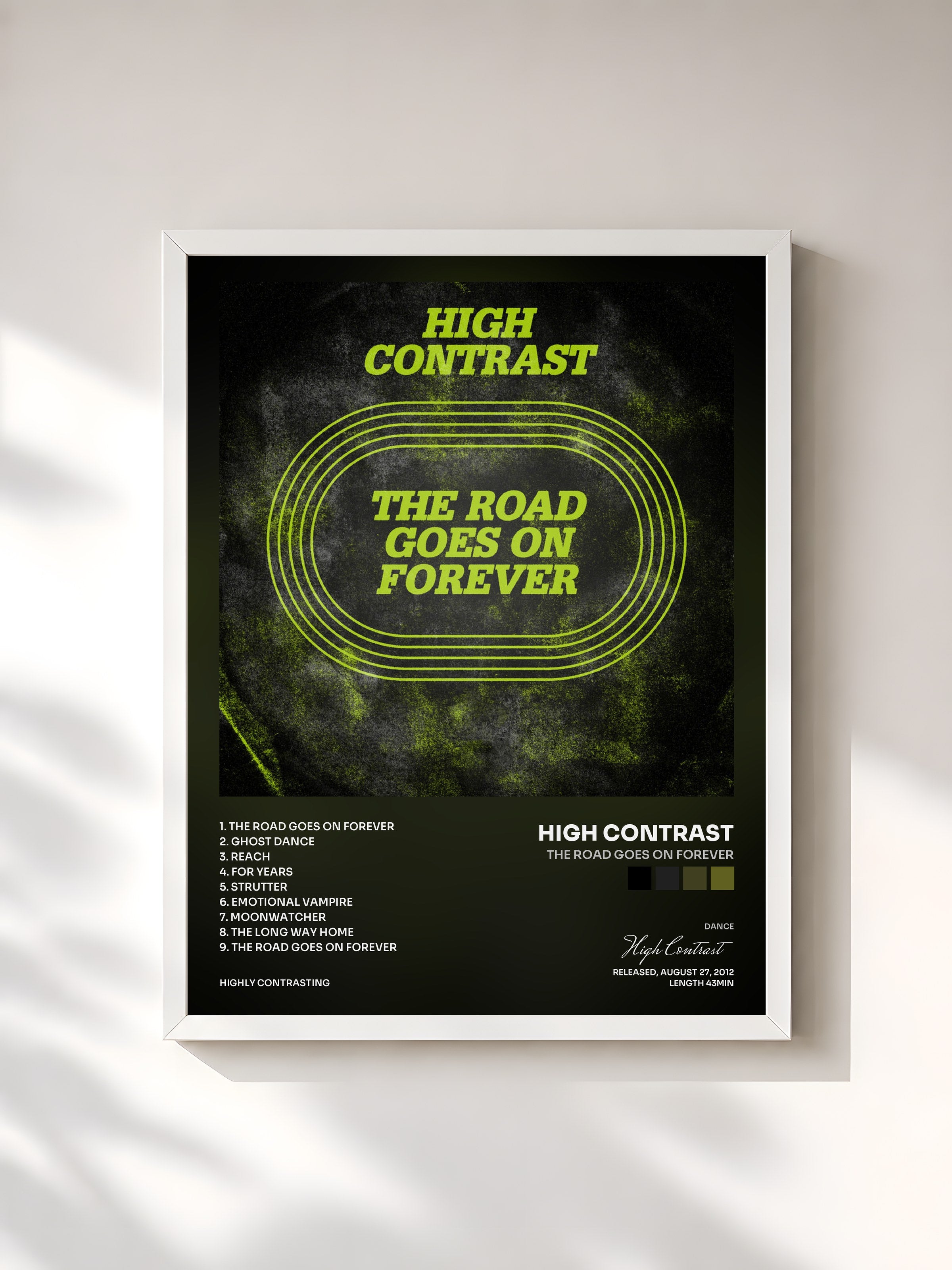 #blanc Tableau de l'album The Road Goes On Forever de High Contrast, cadre blanc, imprimé et encadré en France