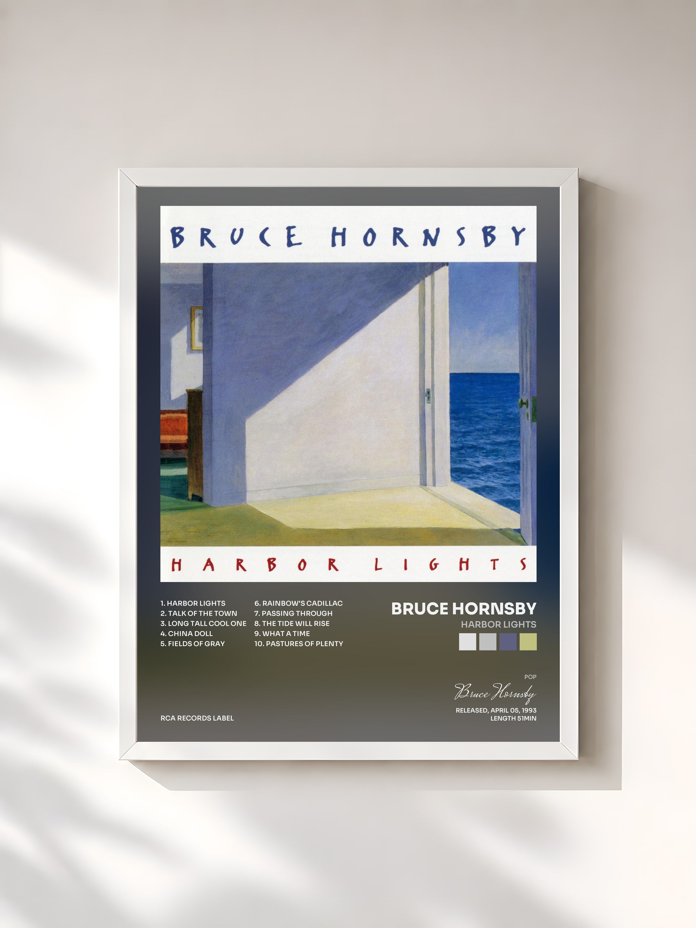 #blanc Tableau de l'album Harbor Lights de Bruce Hornsby, cadre blanc, imprimé et encadré en France