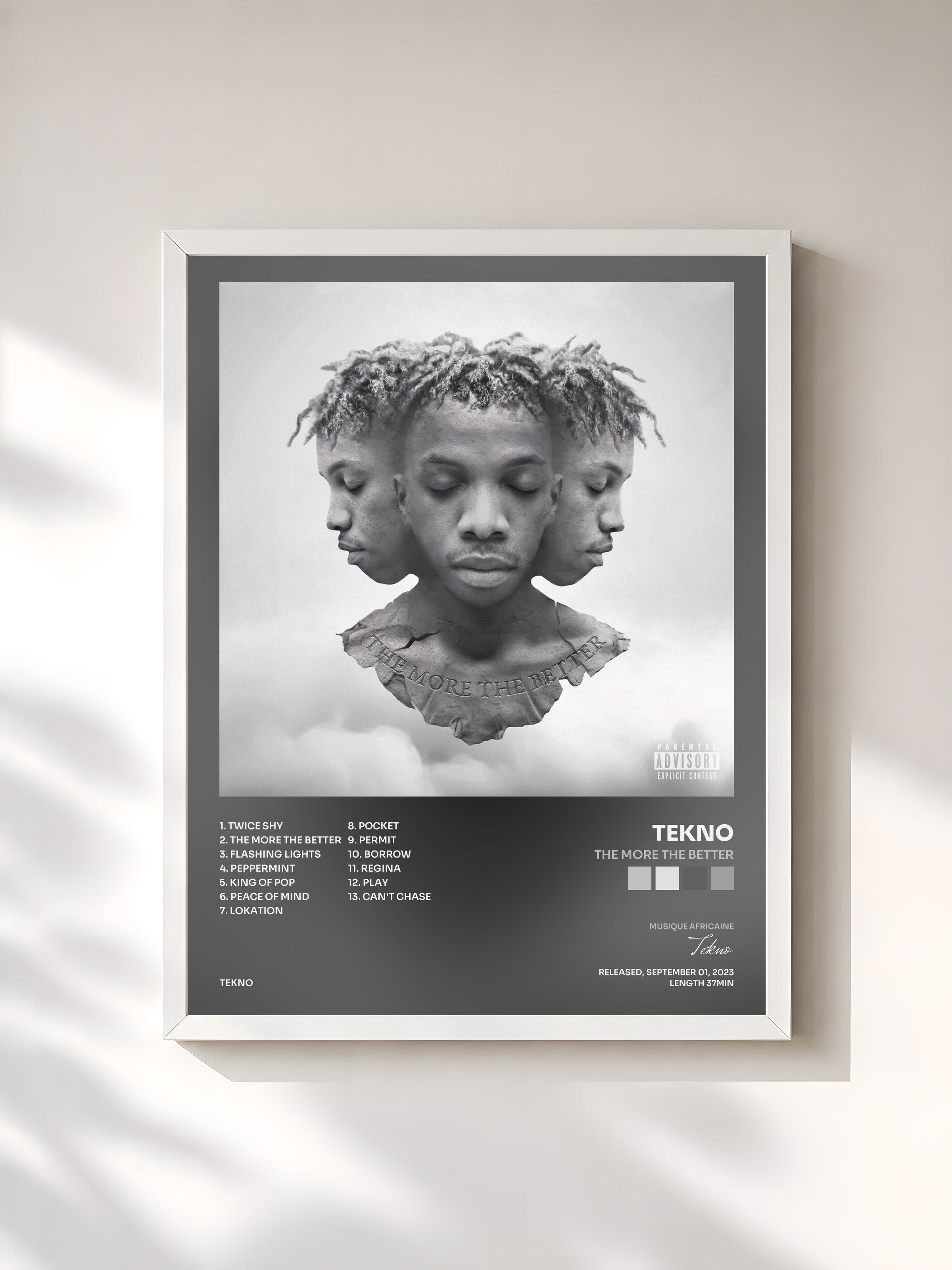 #blanc Tableau de l'album The More The Better de Tekno, cadre blanc, imprimé et encadré en France