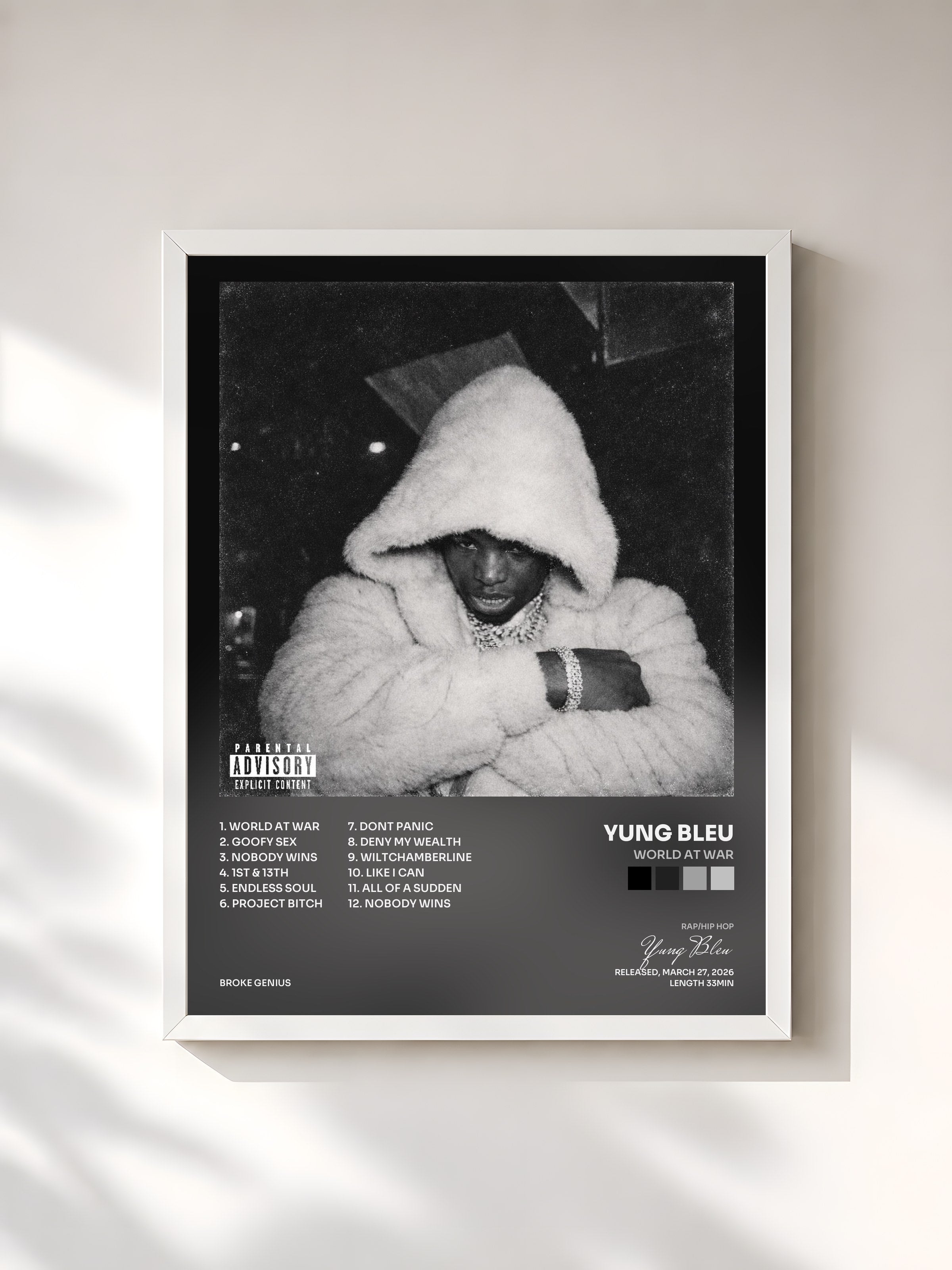 #blanc Tableau de l'album World At War de Yung Bleu, cadre blanc, imprimé et encadré en France