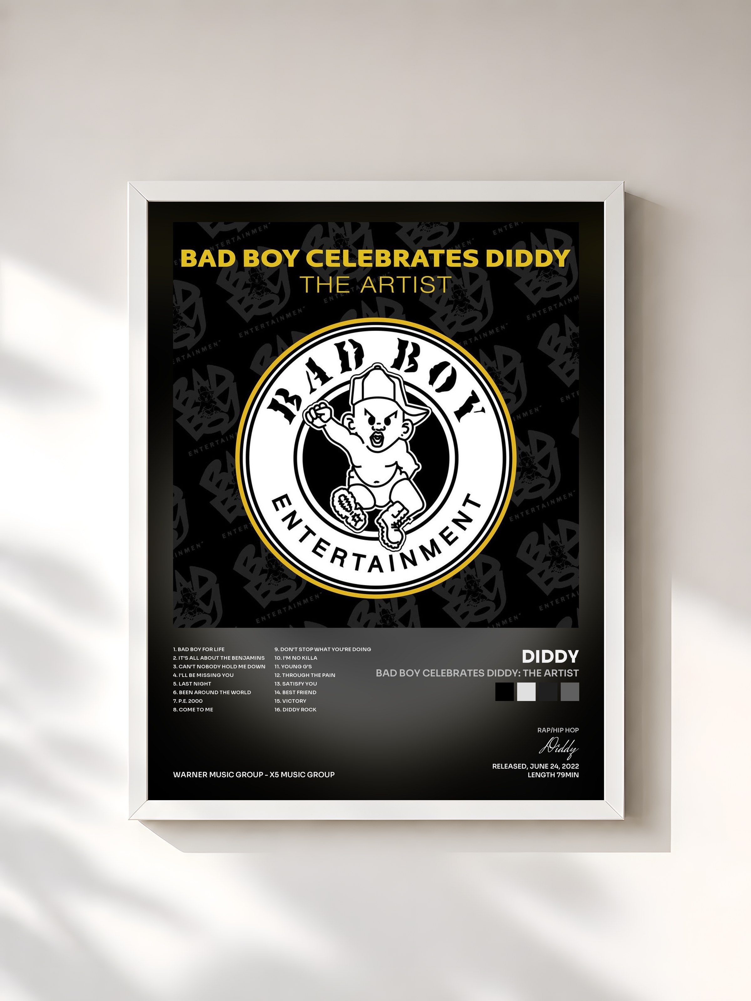 #blanc Tableau de l'album BAD BOY CELEBRATES DIDDY: The Artist de Diddy, cadre blanc, imprimé et encadré en France
