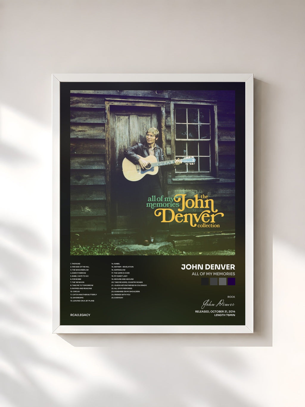 #blanc All of My Memories de John Denver en lámina enmarcada, marco blanco, impresa y enmarcada en Francia