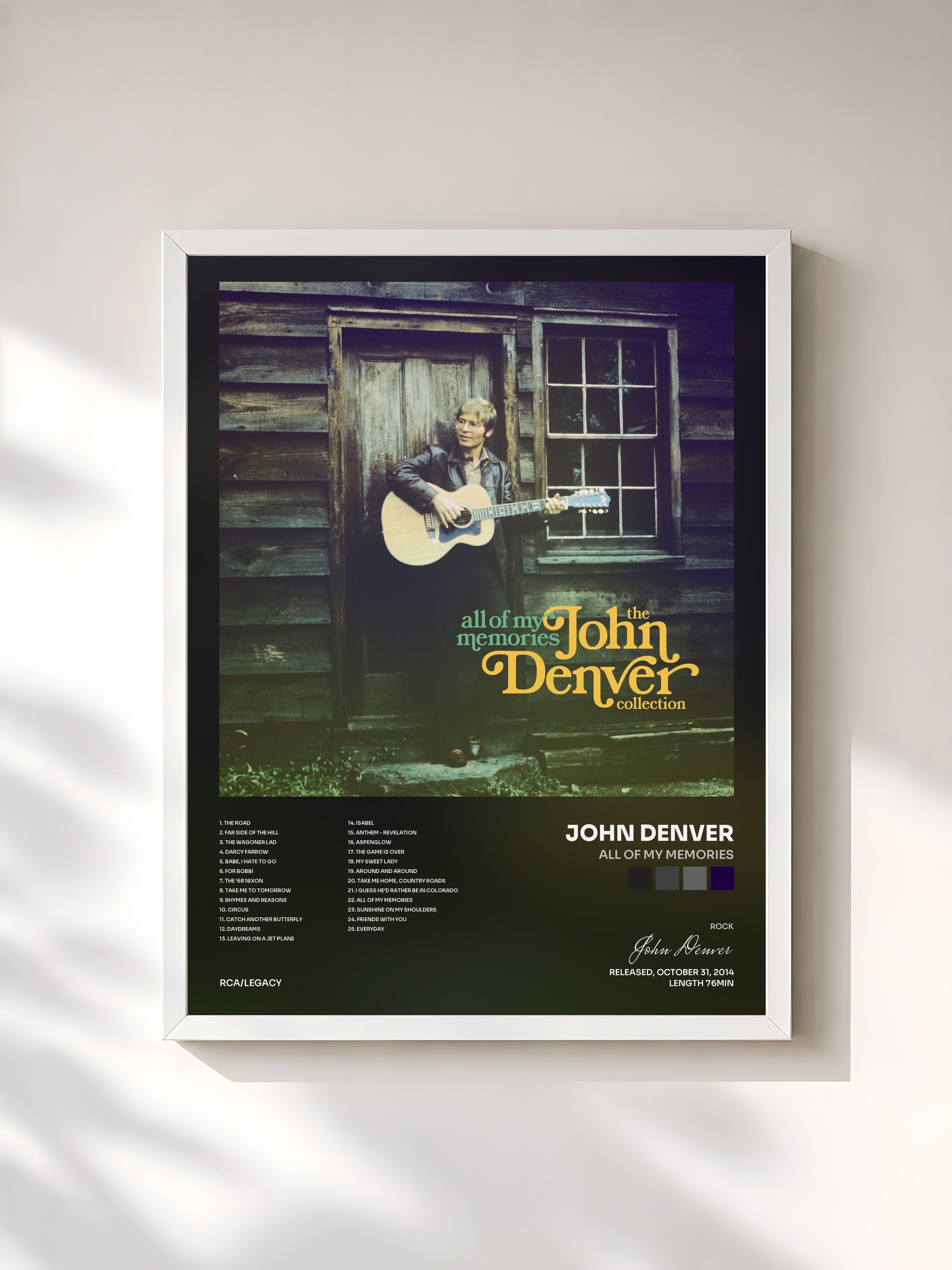 #blanc Tableau de l'album All of My Memories de John Denver, cadre blanc, imprimé et encadré en France