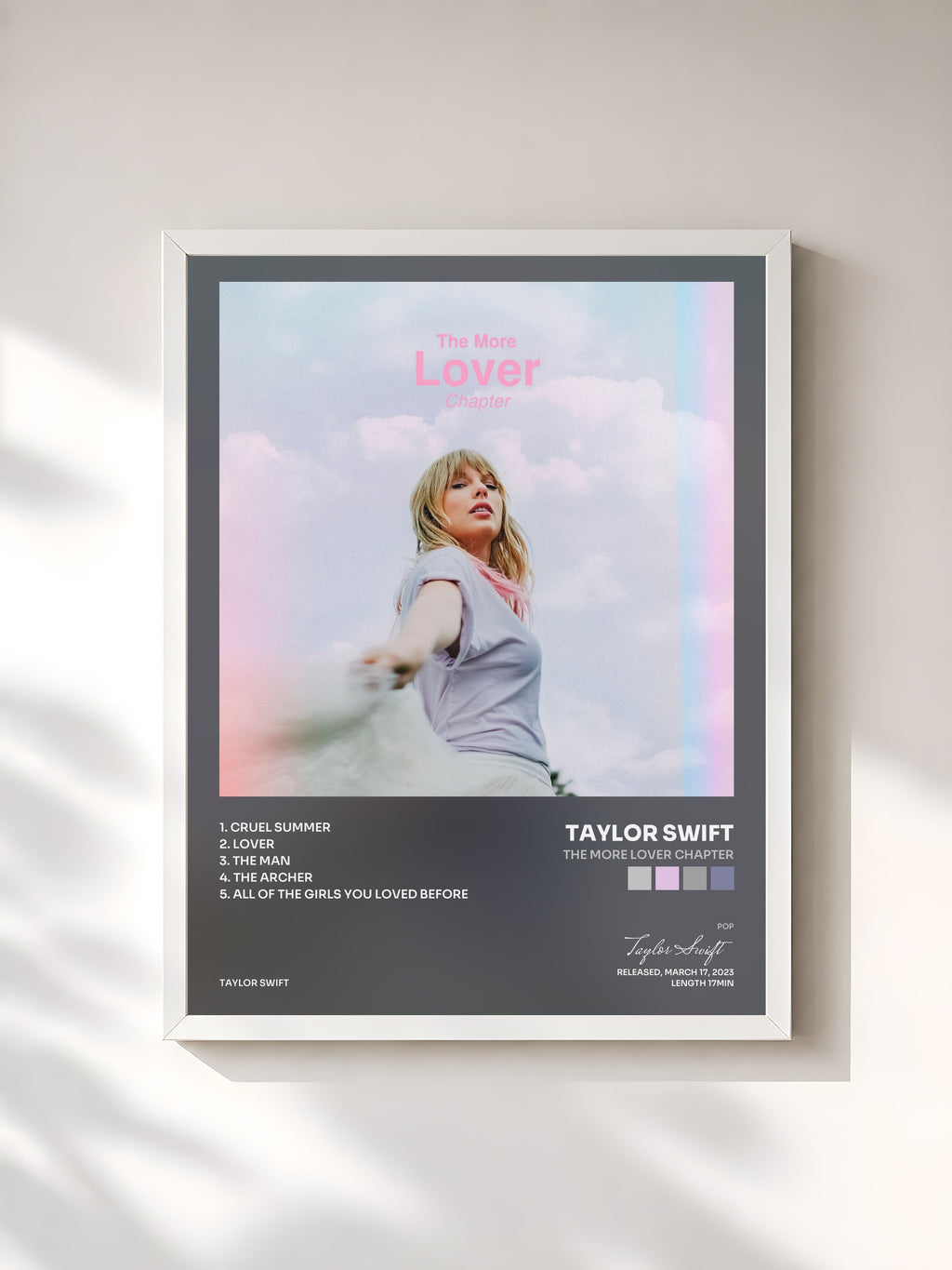 #blanc Tableau de l'album The More Lover Chapter de Taylor Swift, cadre blanc, imprimé et encadré en France