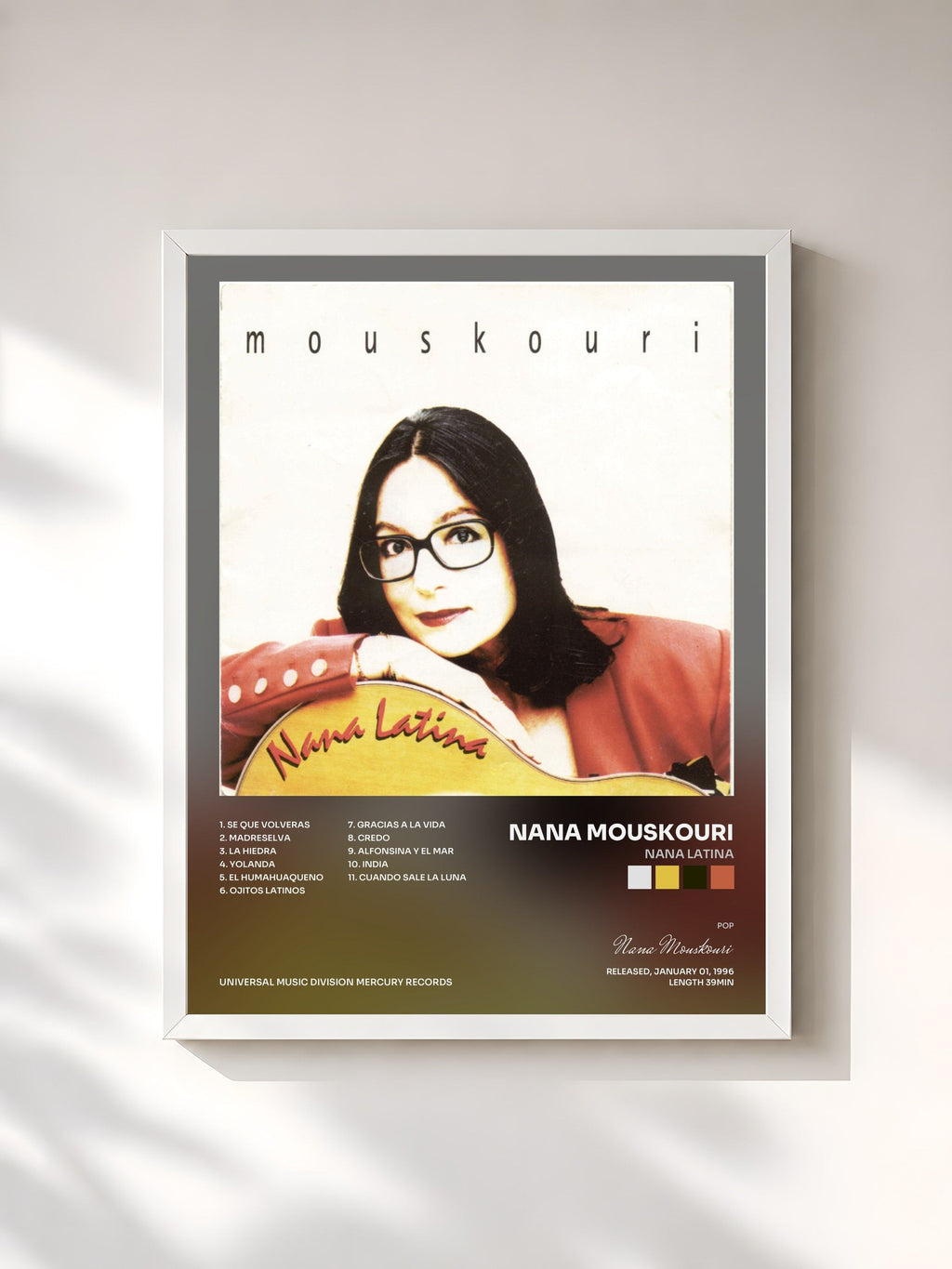 #blanc Tableau de l'album Nana Latina de Nana Mouskouri, cadre blanc, imprimé et encadré en France