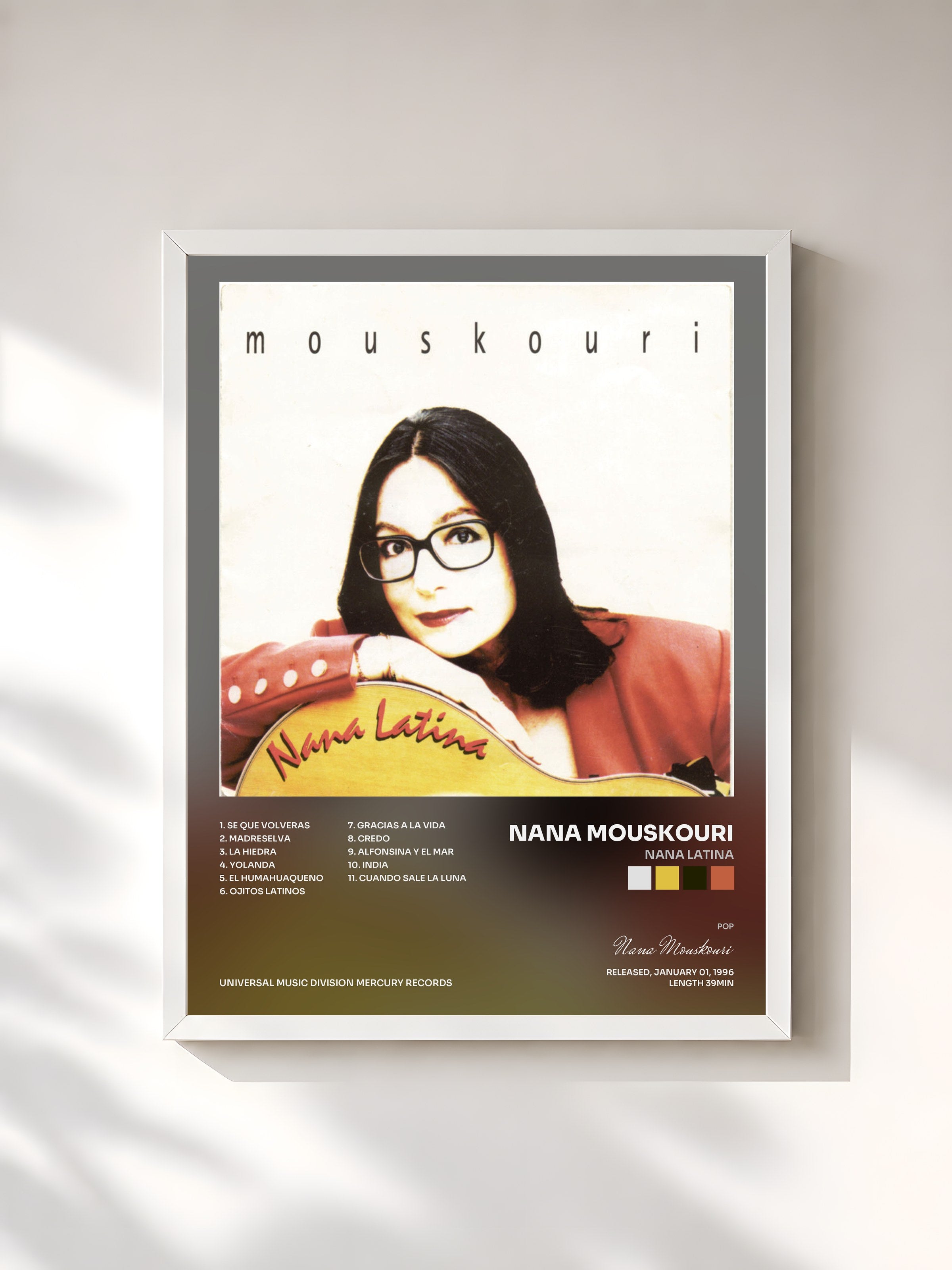 #blanc Tableau de l'album Nana Latina de Nana Mouskouri, cadre blanc, imprimé et encadré en France