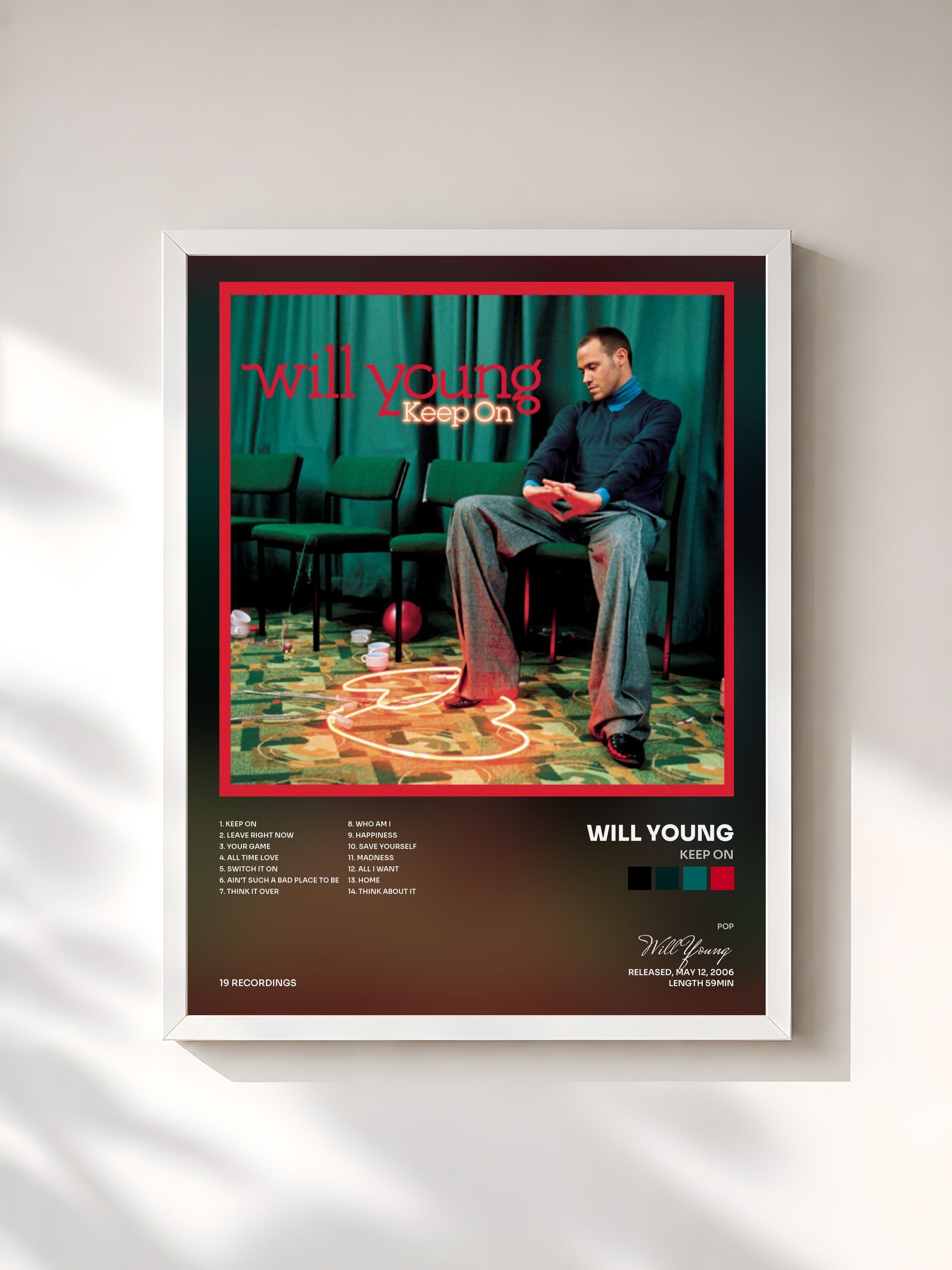 #blanc Tableau de l'album Keep On de Will Young, cadre blanc, imprimé et encadré en France