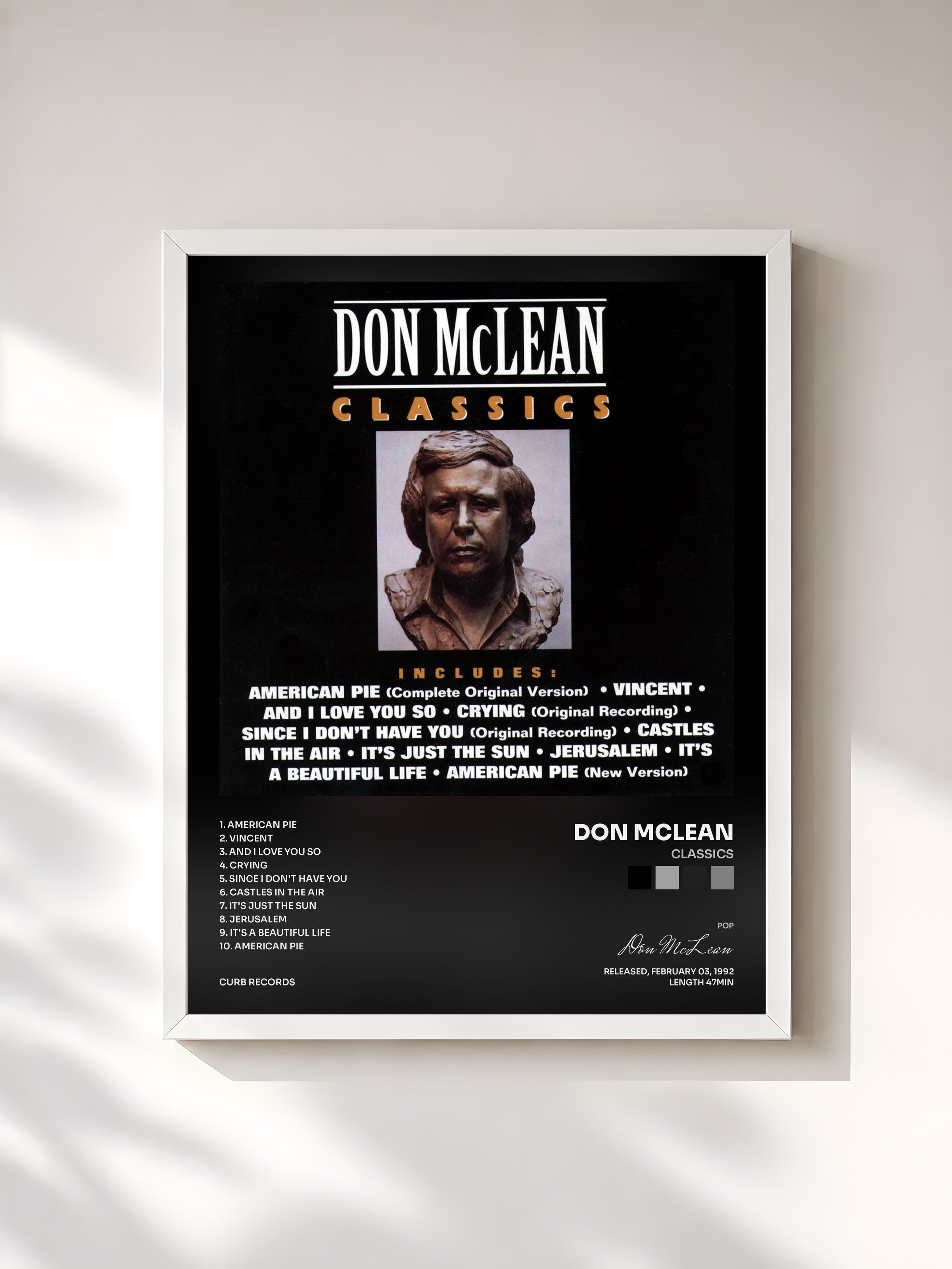 #blanc Tableau de l'album Classics de Don McLean, cadre blanc, imprimé et encadré en France