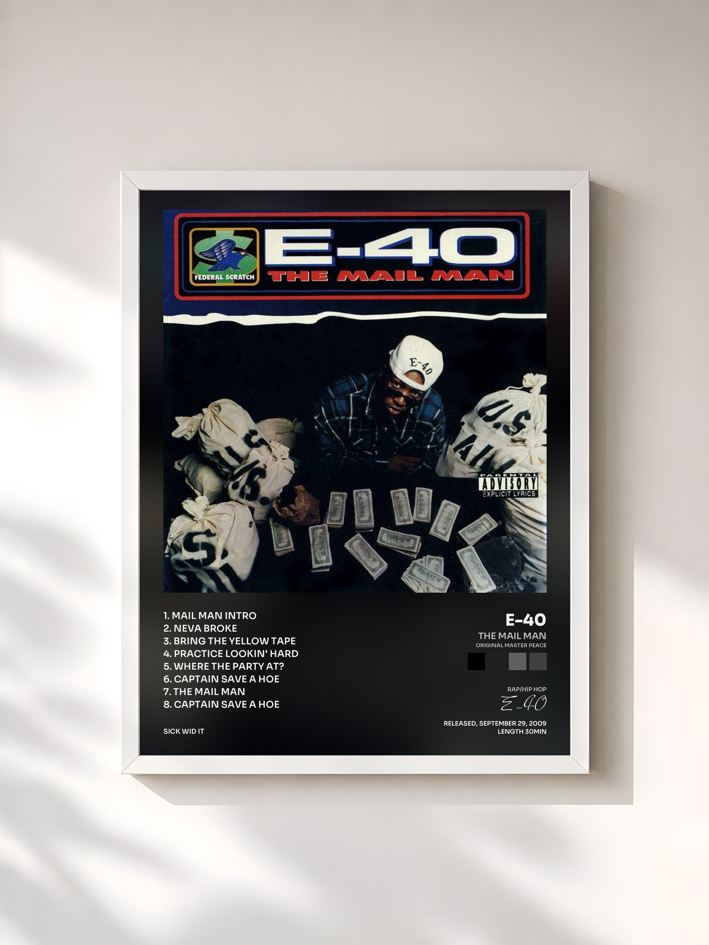 #blanc Tableau de l'album The Mail Man (Original Master Peace) de E-40, cadre blanc, imprimé et encadré en France