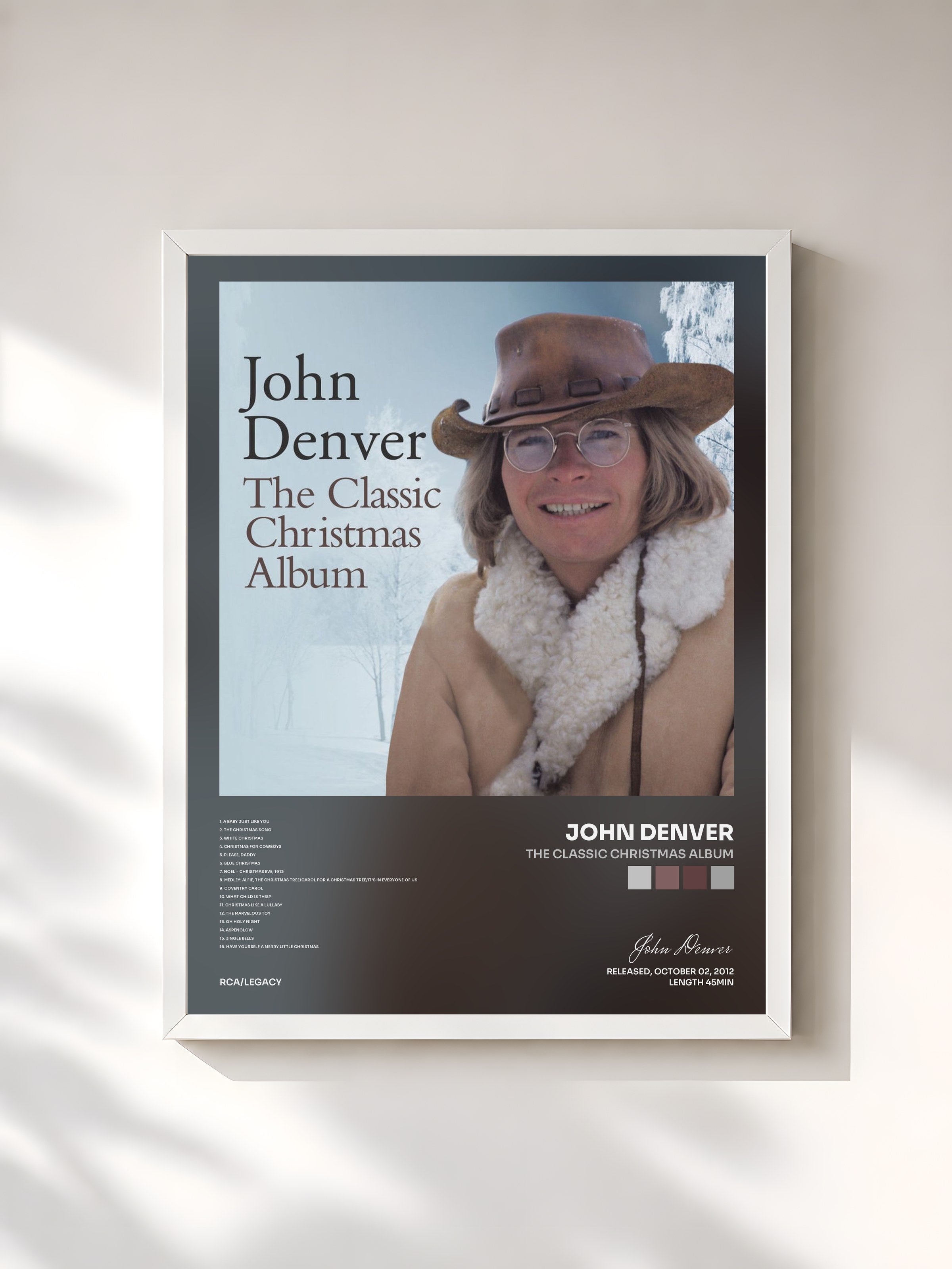 #blanc Tableau de l'album The Classic Christmas Album de John Denver, cadre blanc, imprimé et encadré en France