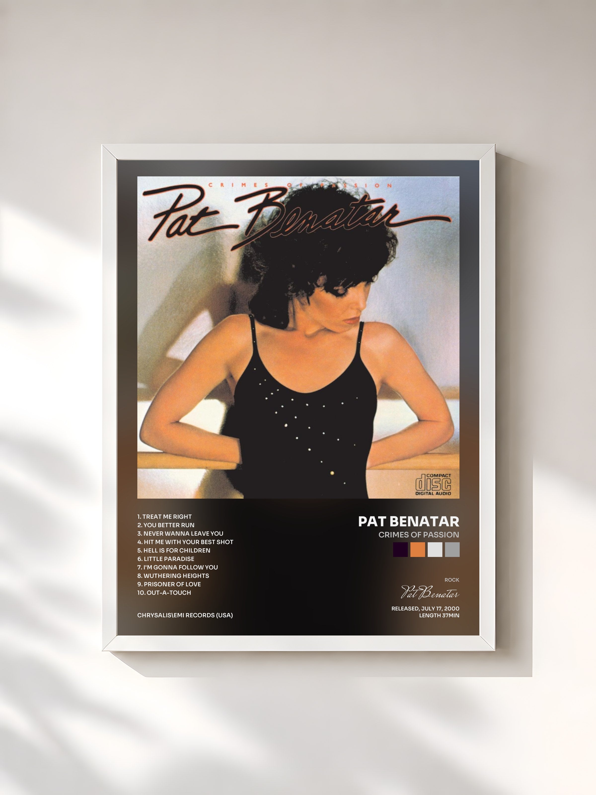 #blanc Tableau de l'album Crimes Of Passion de Pat Benatar, cadre blanc, imprimé et encadré en France