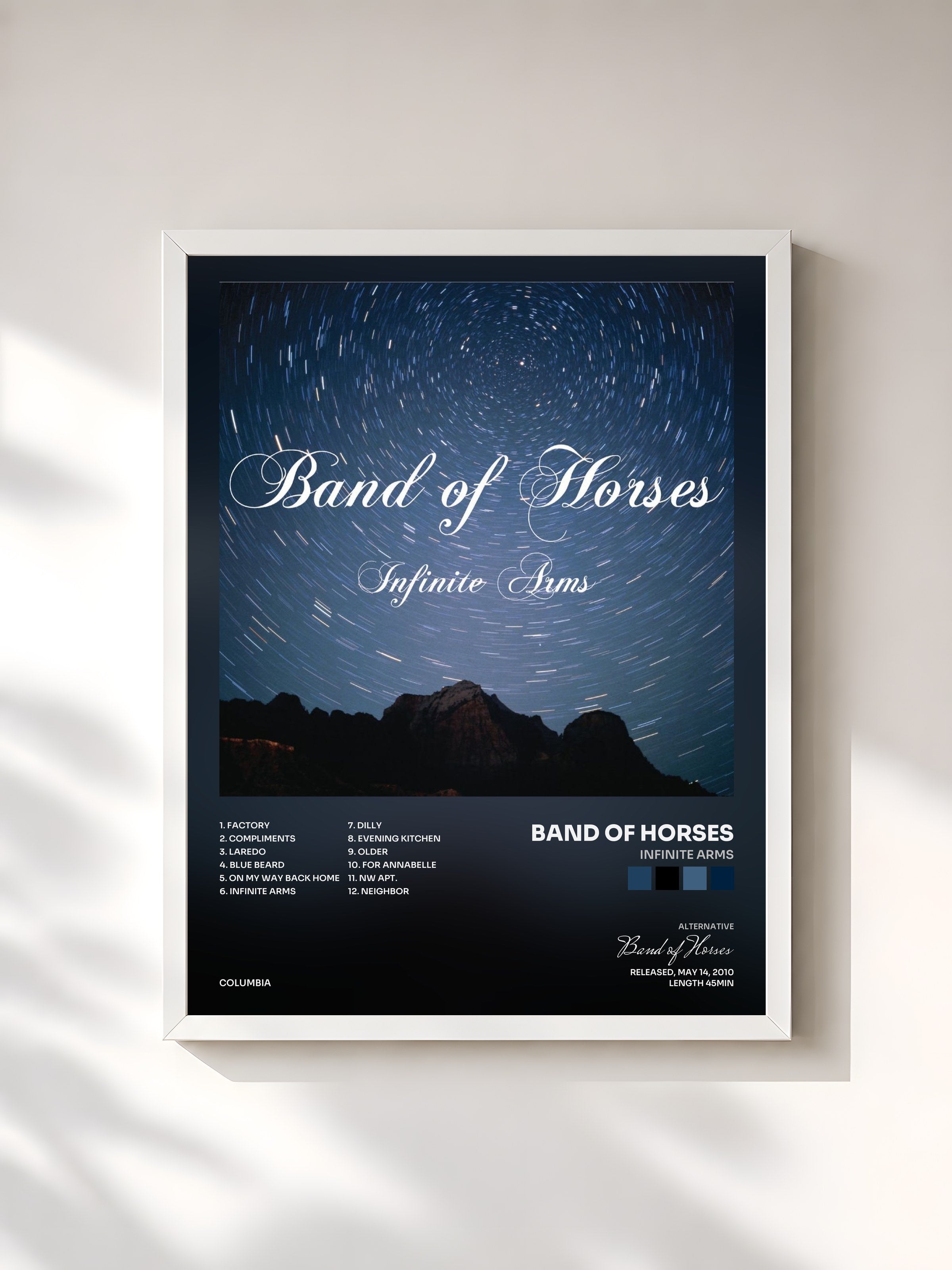 #blanc Tableau de l'album Infinite Arms de Band of Horses, cadre blanc, imprimé et encadré en France