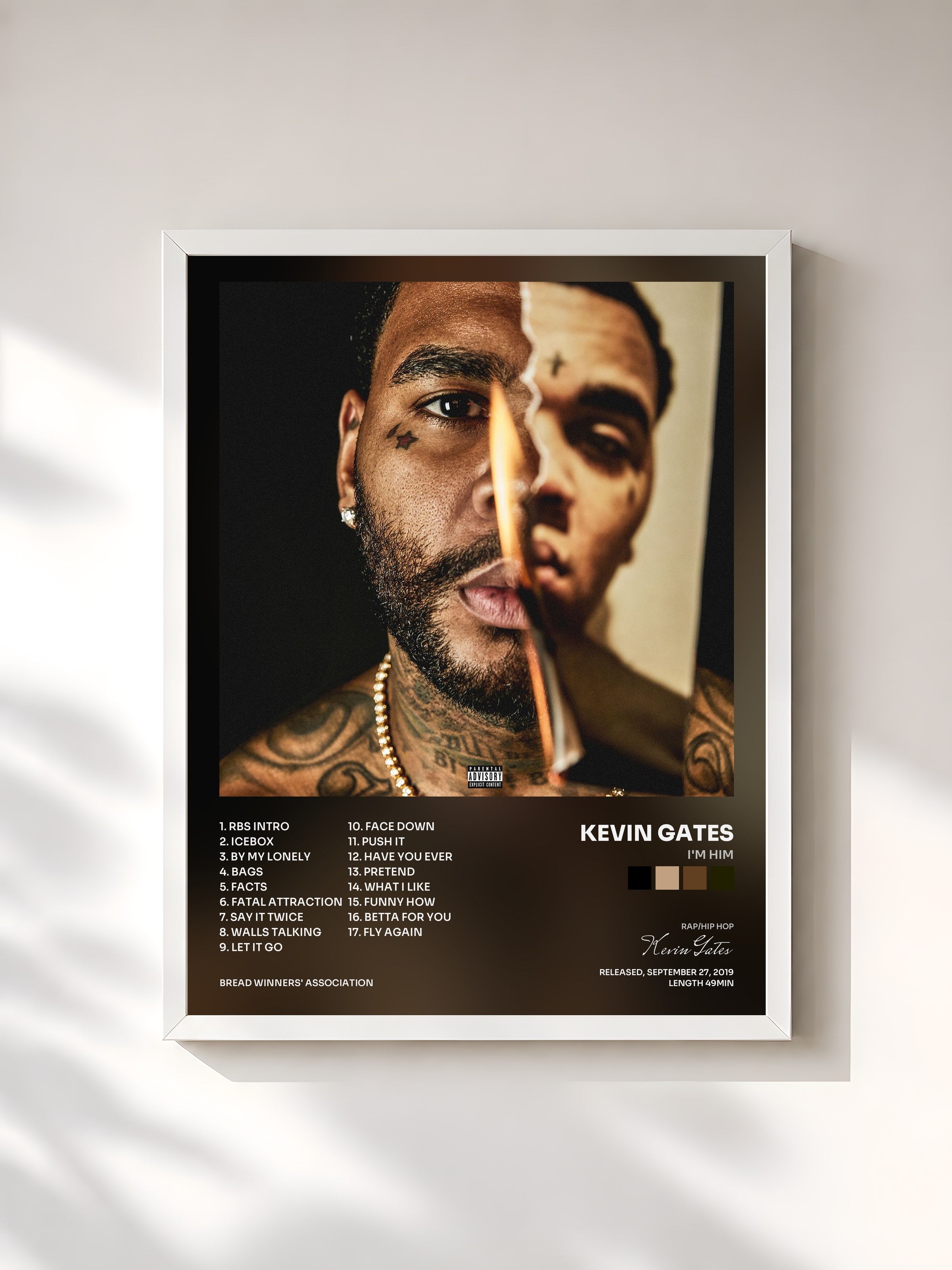#blanc Tableau de l'album I'm Him de Kevin Gates, cadre blanc, imprimé et encadré en France