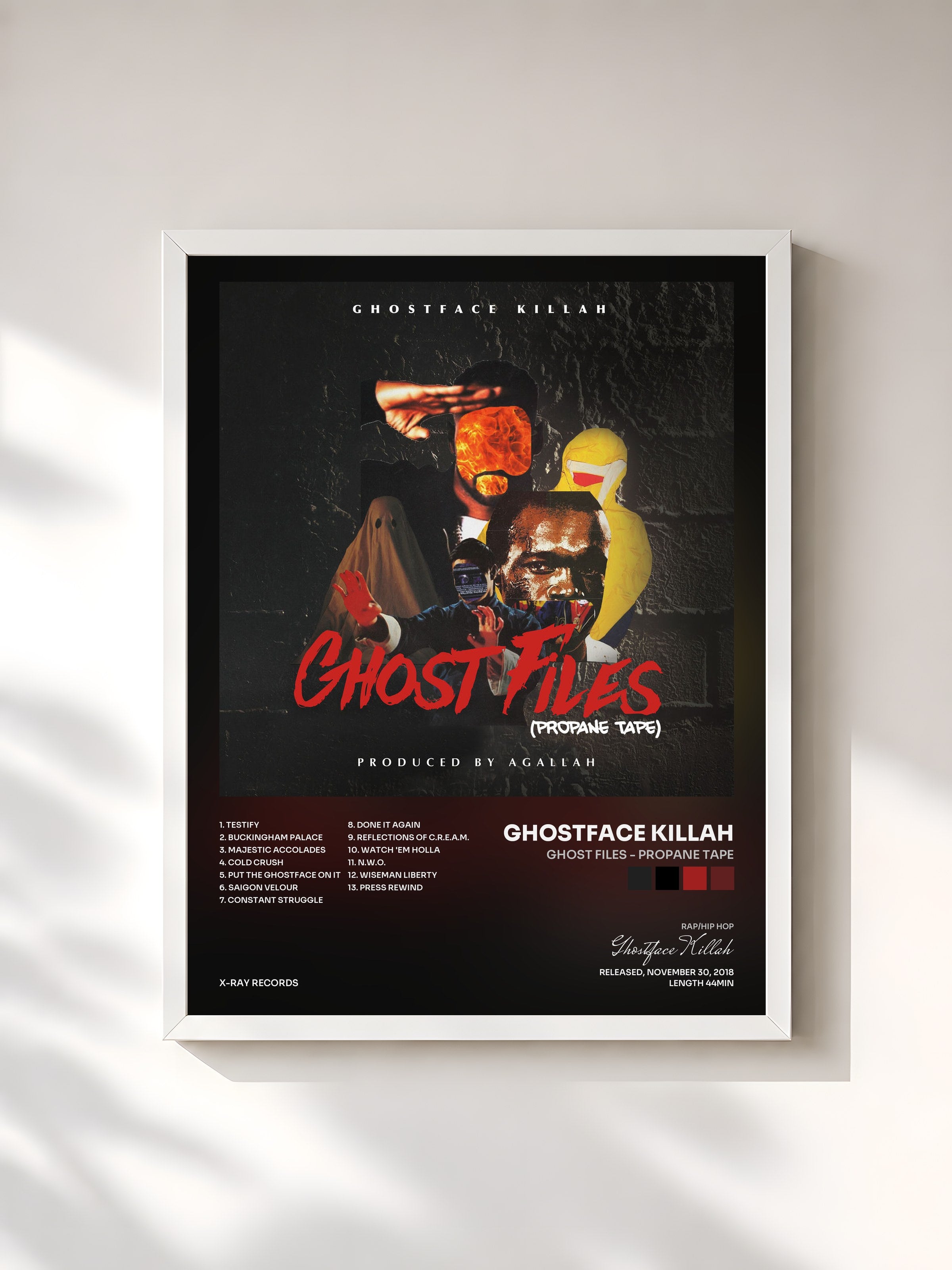 #blanc Tableau de l'album Ghost Files - Propane Tape de Ghostface Killah, cadre blanc, imprimé et encadré en France