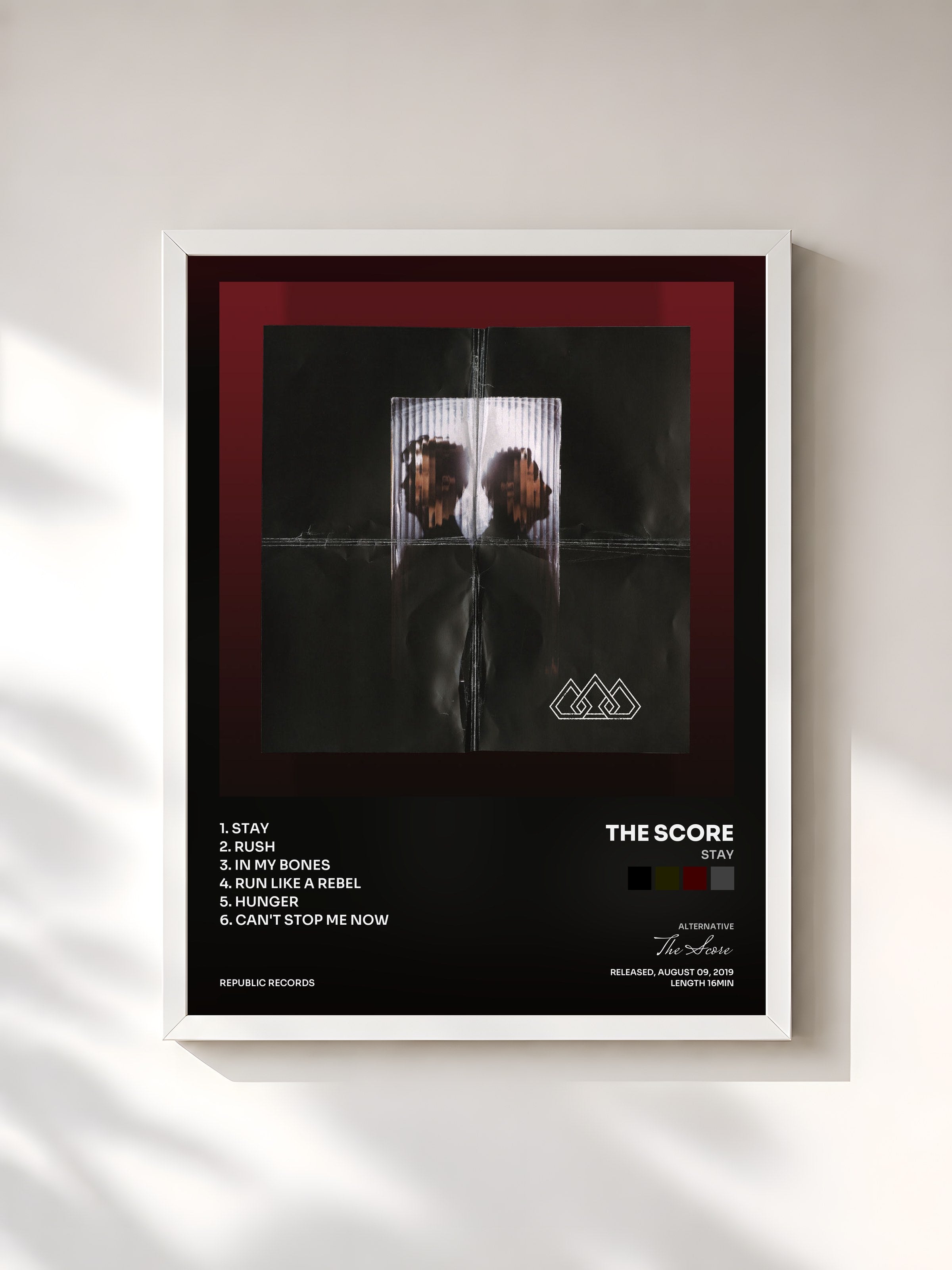 #blanc Tableau de l'album Stay de The Score, cadre blanc, imprimé et encadré en France