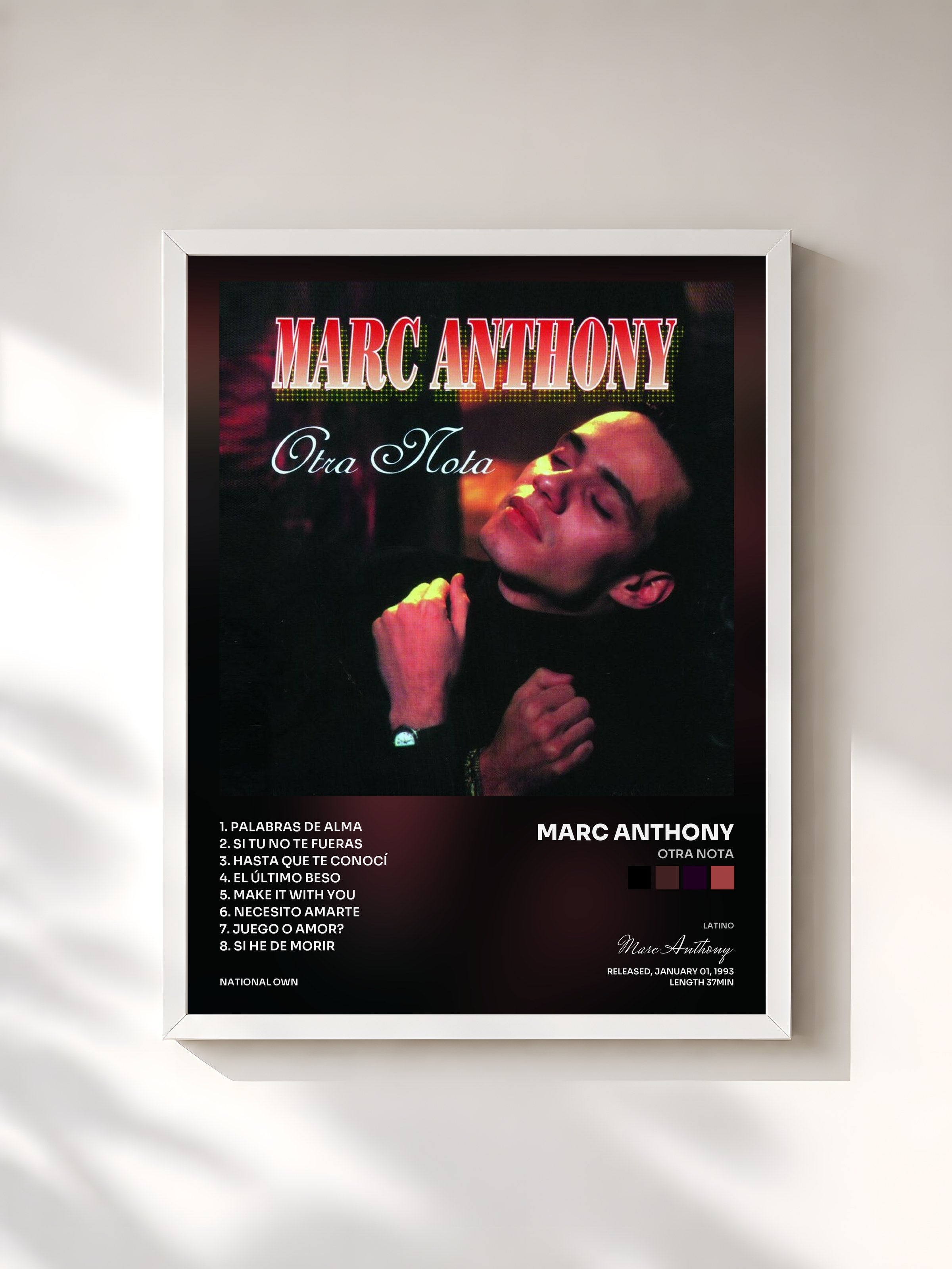 #blanc Tableau de l'album Otra Nota de Marc Anthony, cadre blanc, imprimé et encadré en France