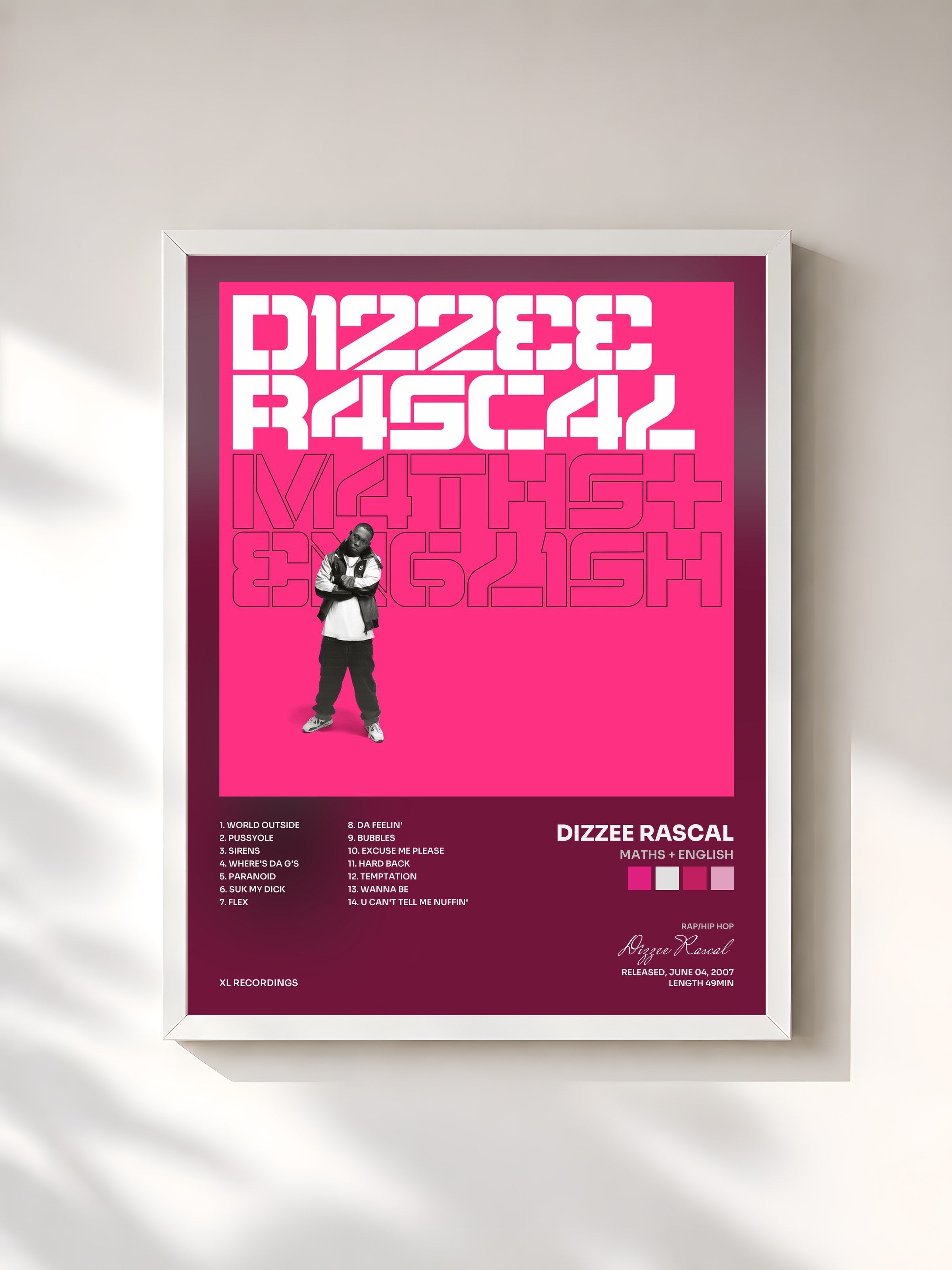 #blanc Tableau de l'album Maths + English de Dizzee Rascal, cadre blanc, imprimé et encadré en France